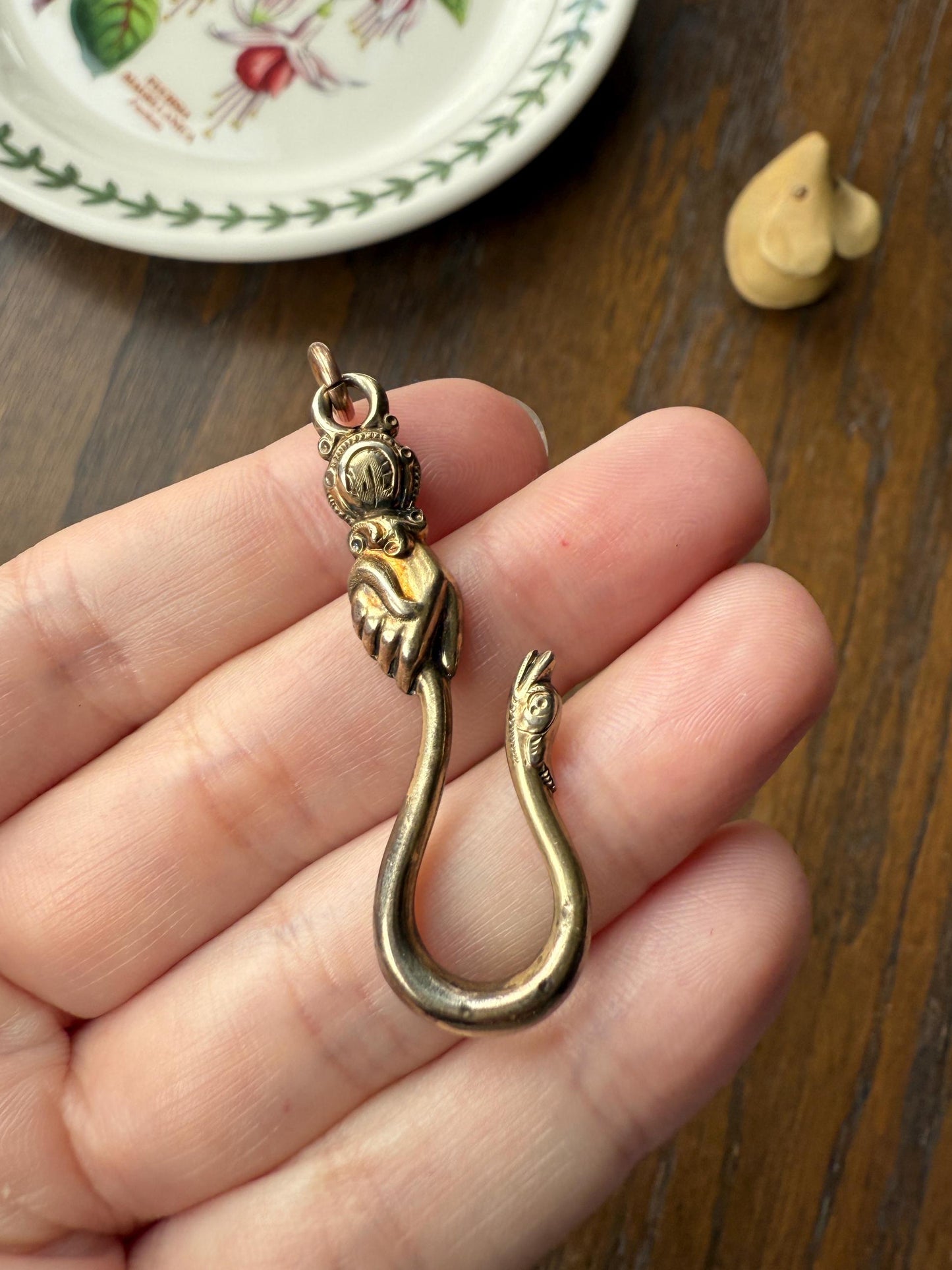 Rare ANTIQUE Hand Holding SNAKE Hook Pendant Holder Victorian Figural Parts Findings Gold Wash Gilt Metal Silver? Reversible 3D