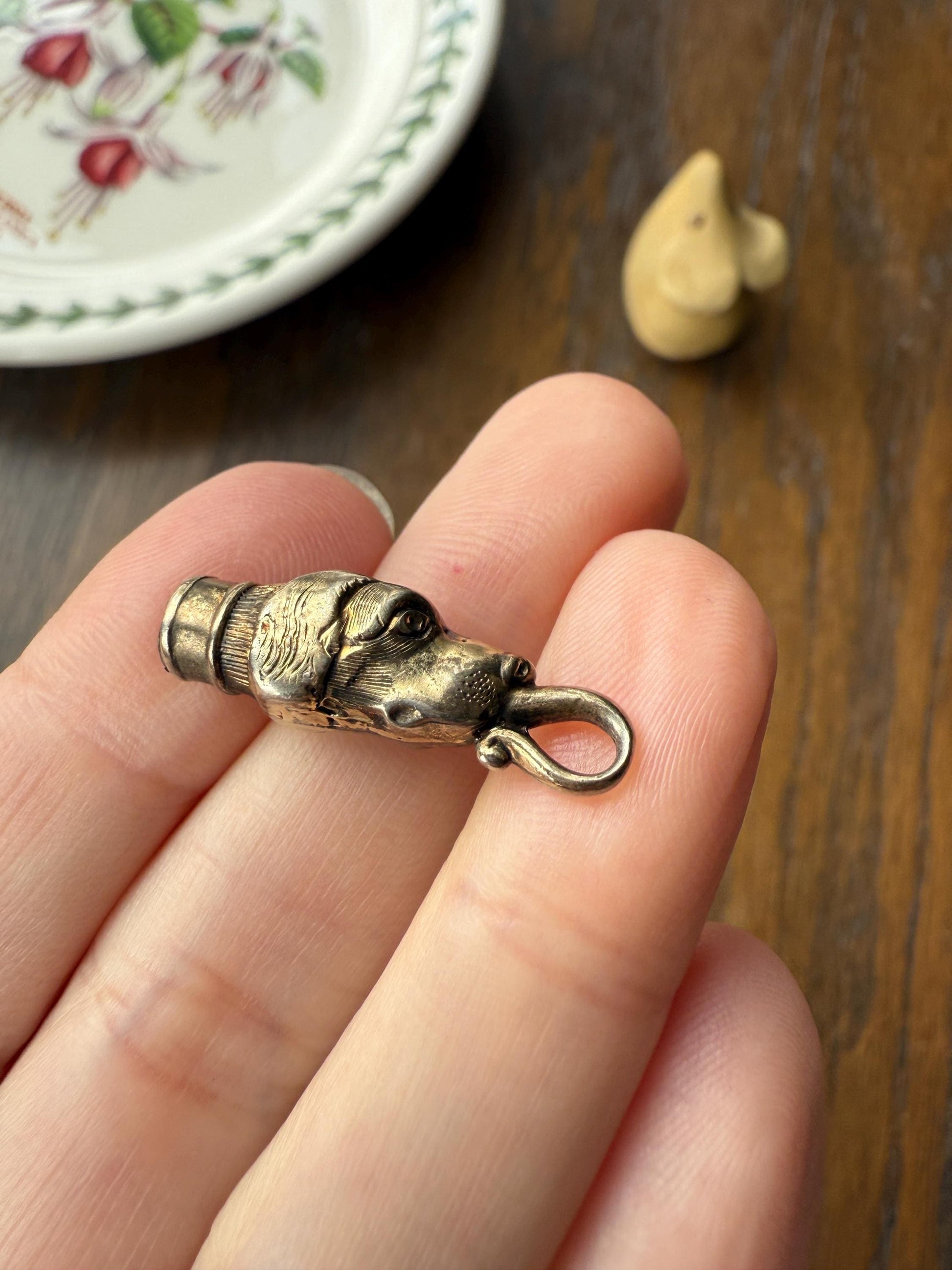 Rare DOG Head Pendant Holder Fob Victorian Figural Parts Findings Gold Wash Gilt Metal Silver? Reversible 3D
