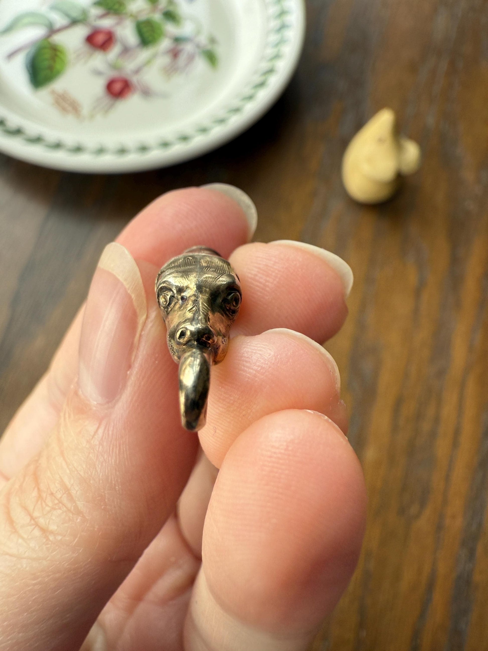 Rare DOG Head Pendant Holder Fob Victorian Figural Parts Findings Gold Wash Gilt Metal Silver? Reversible 3D