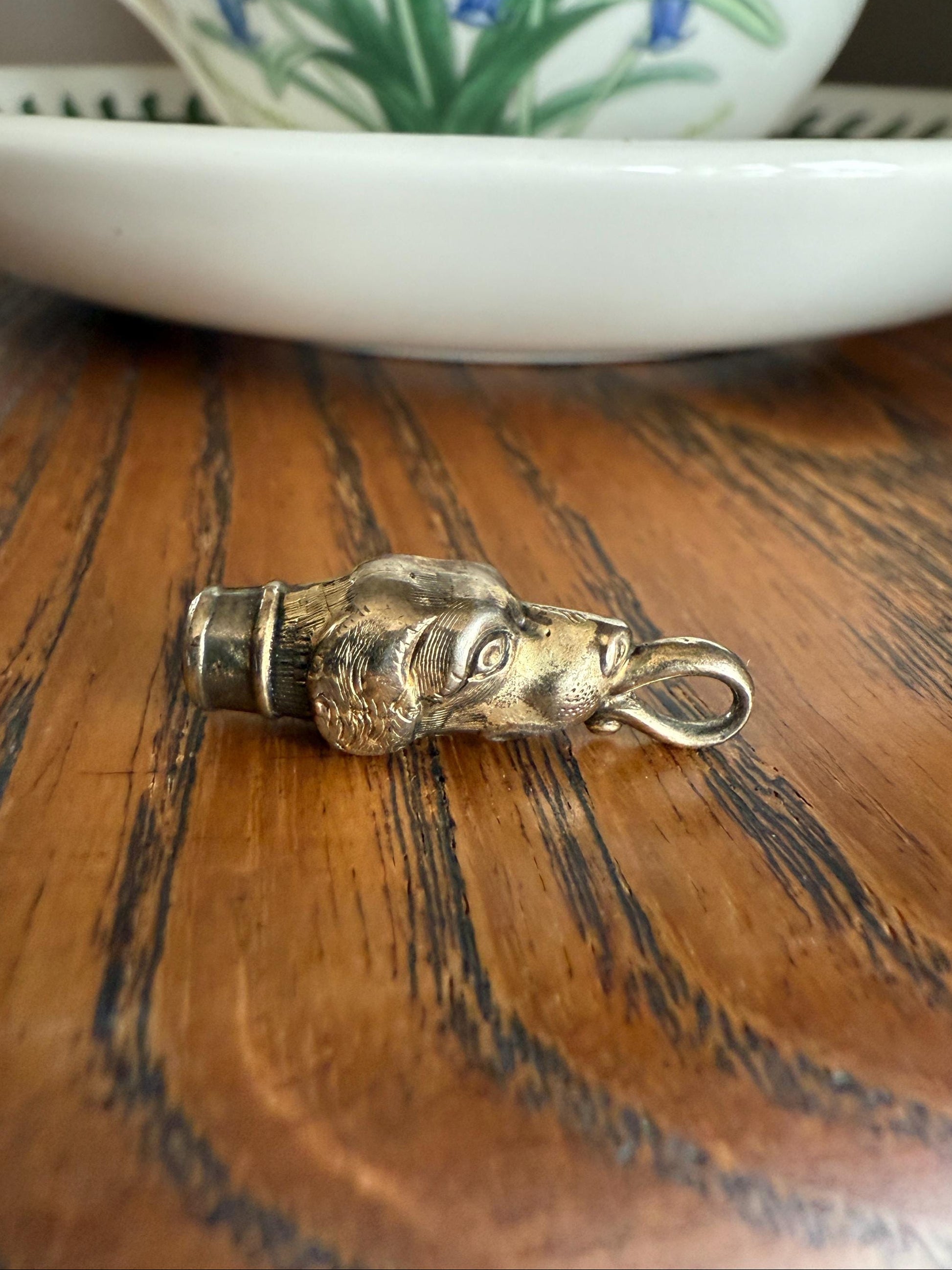 Rare DOG Head Pendant Holder Fob Victorian Figural Parts Findings Gold Wash Gilt Metal Silver? Reversible 3D