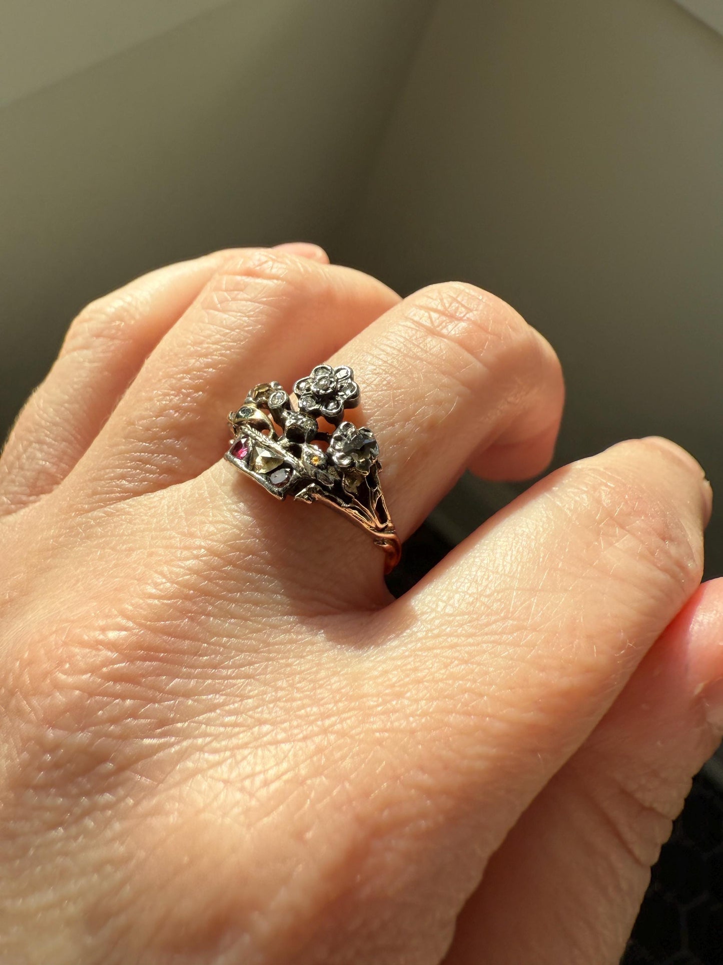 GIARDINETTI Antique Floral Bouquet Ring Flower Basket Rare Peruzzi Chiffre Rose Cut Diamond Garnet Emerald Georgian 14k Gold Rococo 1700s