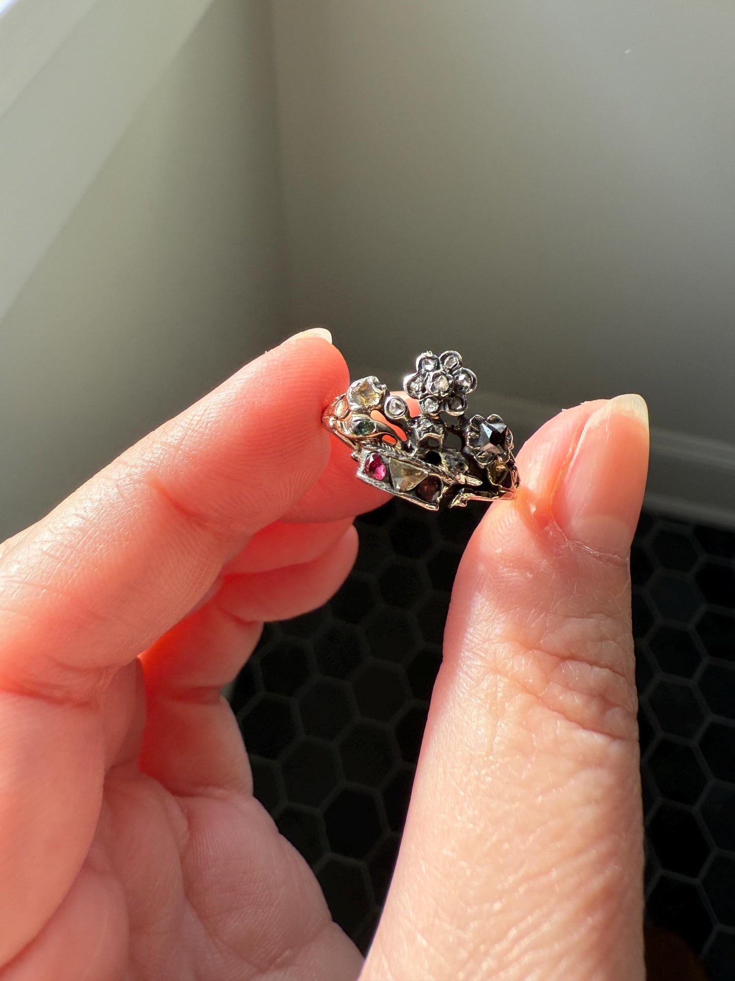 GIARDINETTI Antique Floral Bouquet Ring Flower Basket Rare Peruzzi Chiffre Rose Cut Diamond Garnet Emerald Georgian 14k Gold Rococo 1700s