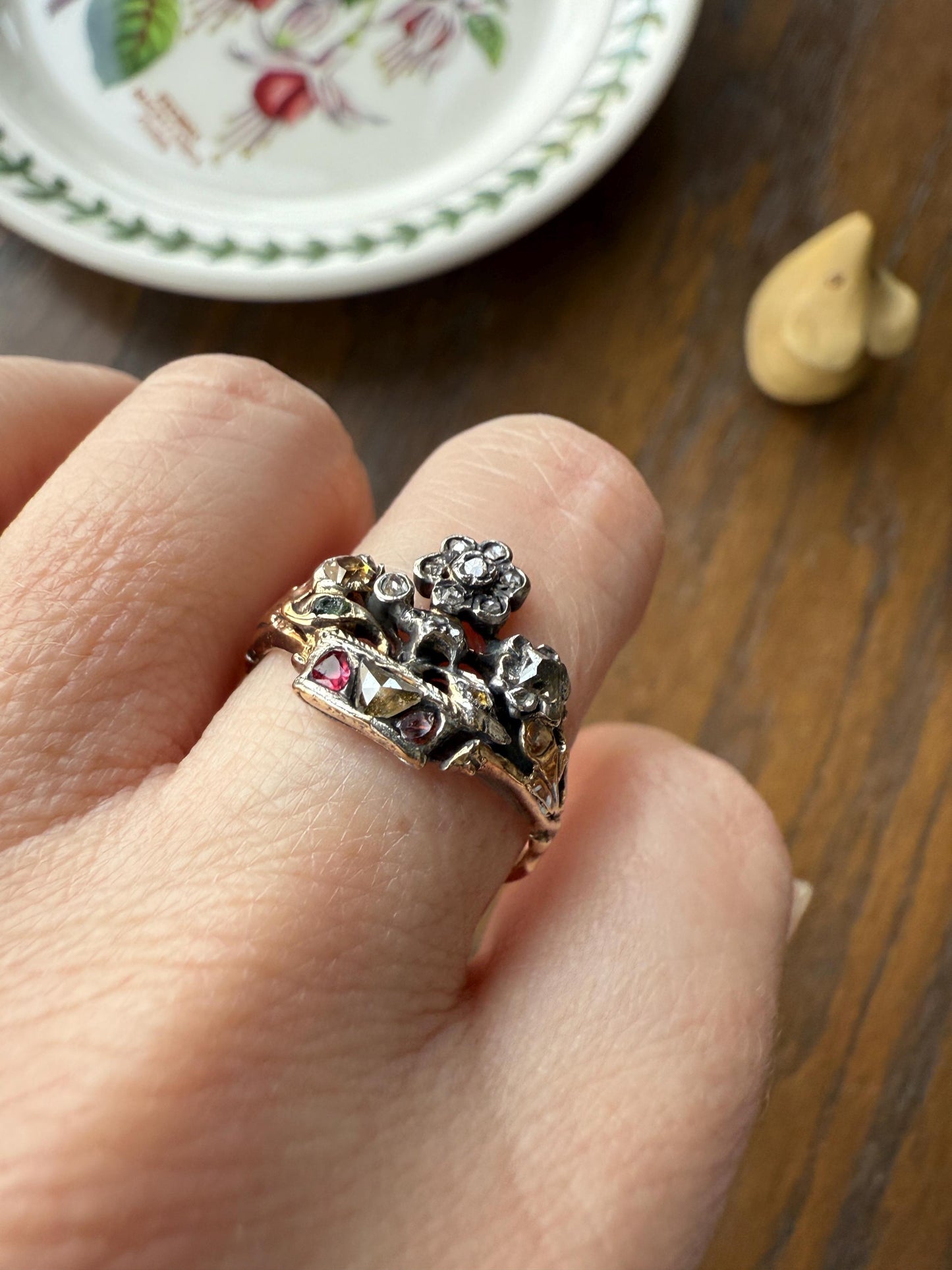 GIARDINETTI Antique Floral Bouquet Ring Flower Basket Rare Peruzzi Chiffre Rose Cut Diamond Garnet Emerald Georgian 14k Gold Rococo 1700s