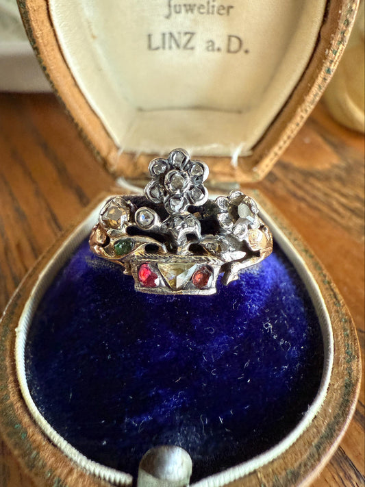 GIARDINETTI Antique Floral Bouquet Ring Flower Basket Rare Peruzzi Chiffre Rose Cut Diamond Garnet Emerald Georgian 14k Gold Rococo 1700s