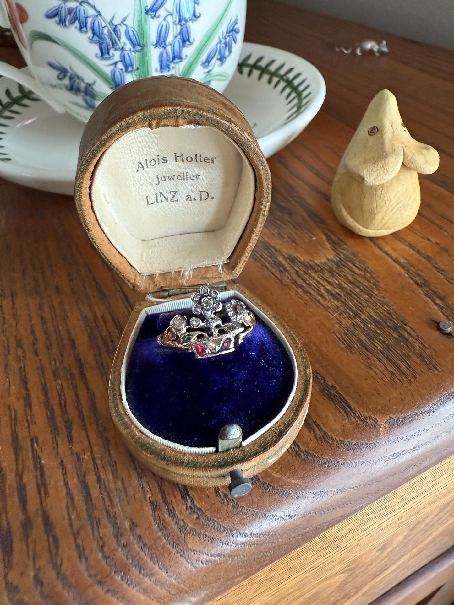 GIARDINETTI Antique Floral Bouquet Ring Flower Basket Rare Peruzzi Chiffre Rose Cut Diamond Garnet Emerald Georgian 14k Gold Rococo 1700s