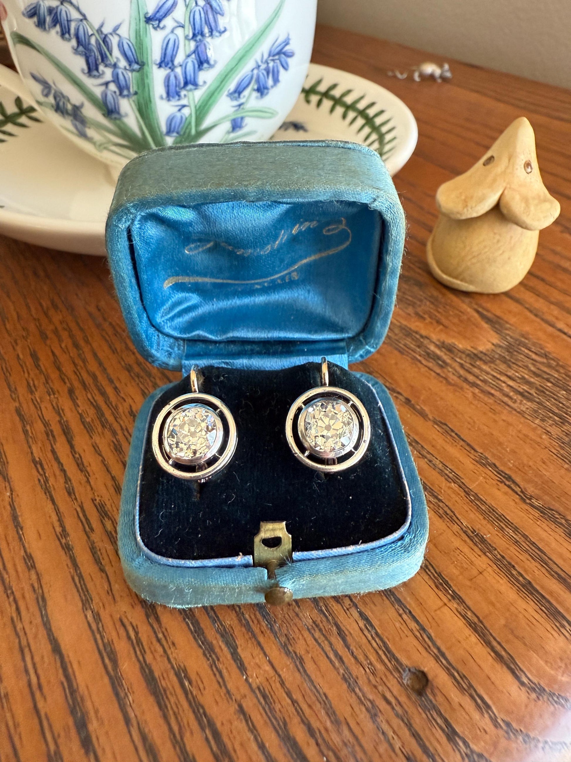 Boxed Original Antique 3.7 Carats Old Mine Cut DIAMOND Natural Dormeuse Earrings Bezel Set Circle Halo 18k Gold Silver Dangle Bullseye Gift