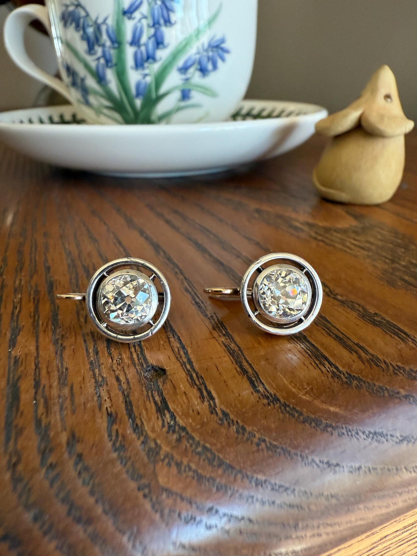 Boxed Original Antique 3.7 Carats Old Mine Cut DIAMOND Natural Dormeuse Earrings Bezel Set Circle Halo 18k Gold Silver Dangle Bullseye Gift