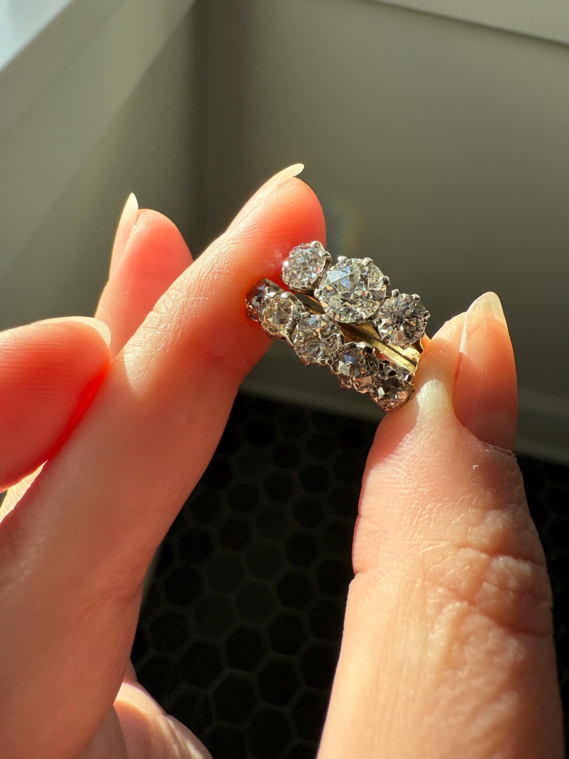 Antique 1.3 Carat Warm Old Mine Cut DIAMOND 5 Five Stone Band Ring 18k Gold Linear Art Deco Romantic Gift Stacker Wedding