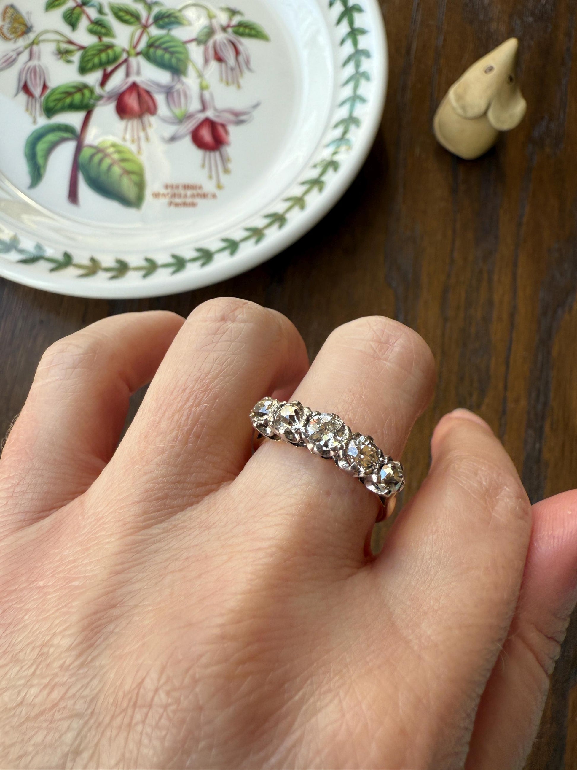 Antique 1.3 Carat Warm Old Mine Cut DIAMOND 5 Five Stone Band Ring 18k Gold Linear Art Deco Romantic Gift Stacker Wedding