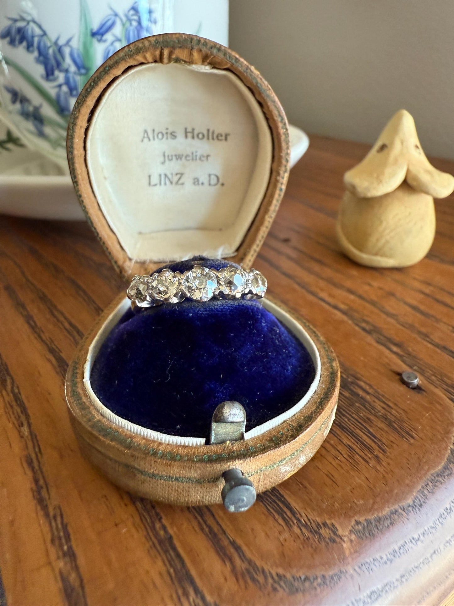 Antique 1.3 Carat Warm Old Mine Cut DIAMOND 5 Five Stone Band Ring 18k Gold Linear Art Deco Romantic Gift Stacker Wedding