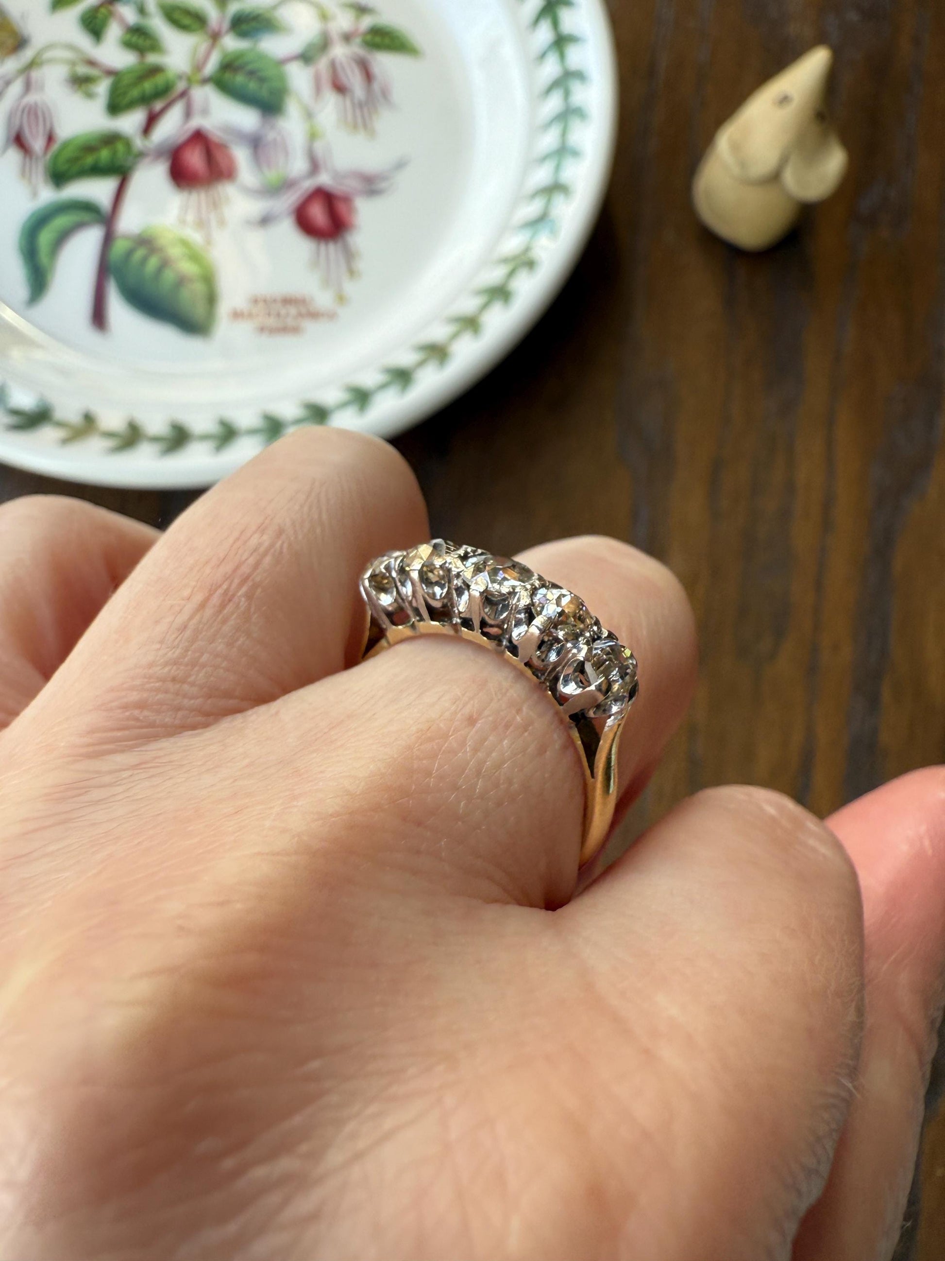 Antique 1.3 Carat Warm Old Mine Cut DIAMOND 5 Five Stone Band Ring 18k Gold Linear Art Deco Romantic Gift Stacker Wedding