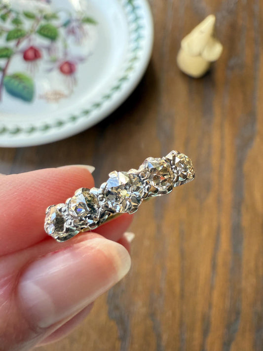 Antique 1.3 Carat Warm Old Mine Cut DIAMOND 5 Five Stone Band Ring 18k Gold Linear Art Deco Romantic Gift Stacker Wedding