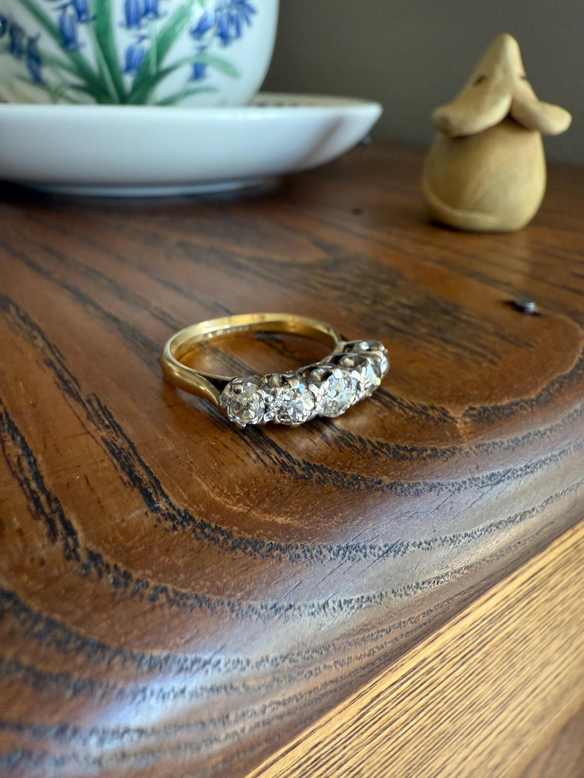 Antique 1.3 Carat Warm Old Mine Cut DIAMOND 5 Five Stone Band Ring 18k Gold Linear Art Deco Romantic Gift Stacker Wedding