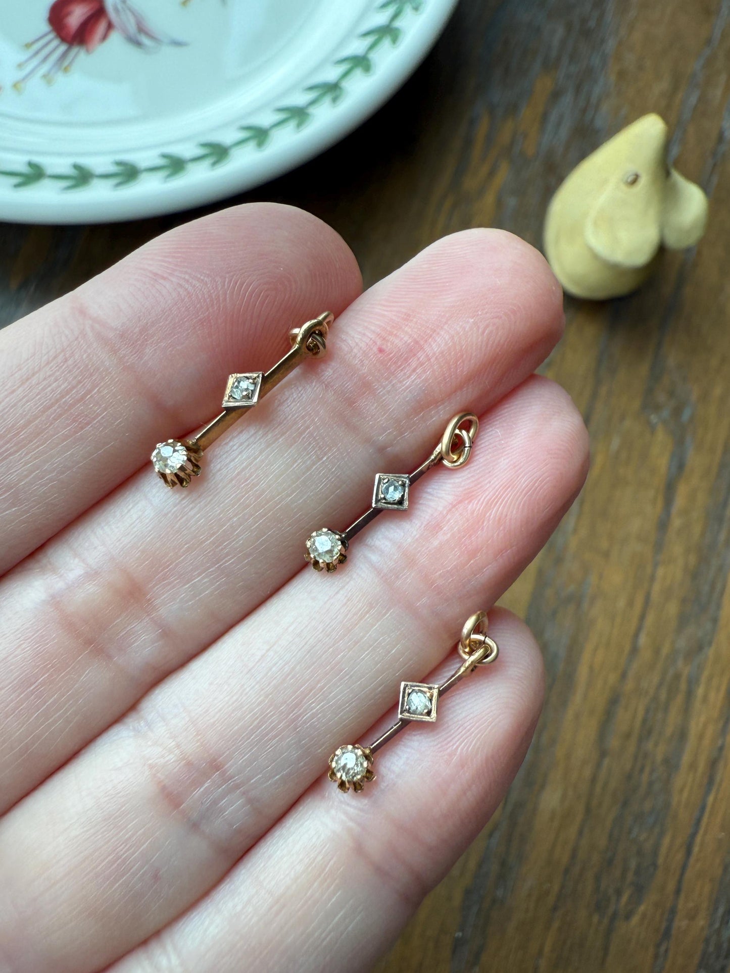 One VICTORIAN Antique Old Mine Cut DIAMOND Rose Cut Dangle Pendant Charm or Earrings Linear 18k Gold French Belle Epoque Buttercup 3 Avail