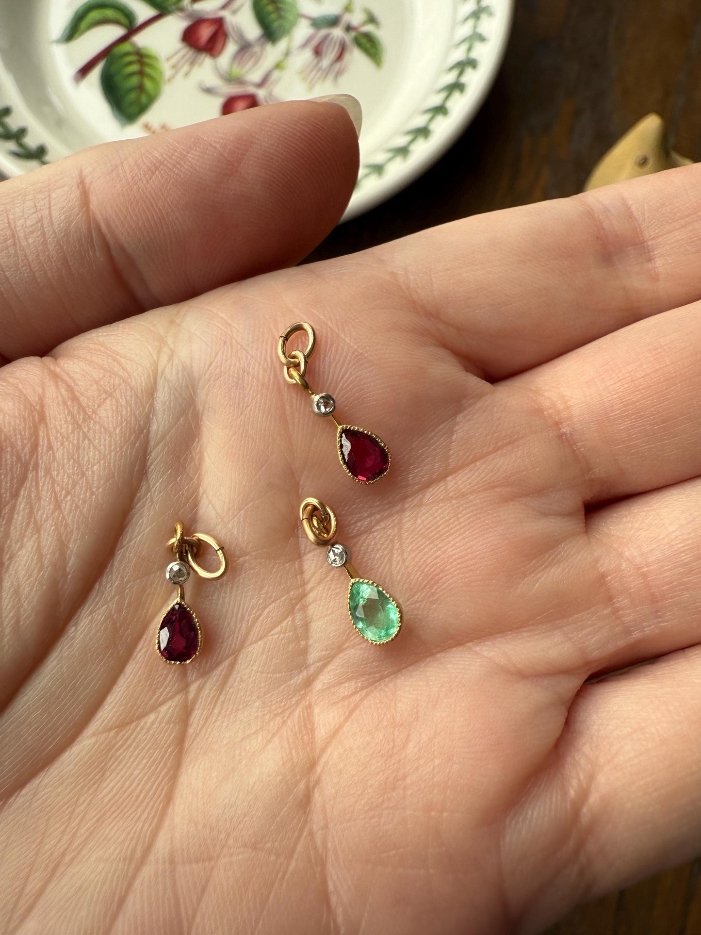 One Teardrop RUBY VICTORIAN Antique Rose Cut DIAMOND Dangle Pendant Charm 18k Gold French Belle Epoque Pear 3 Avail