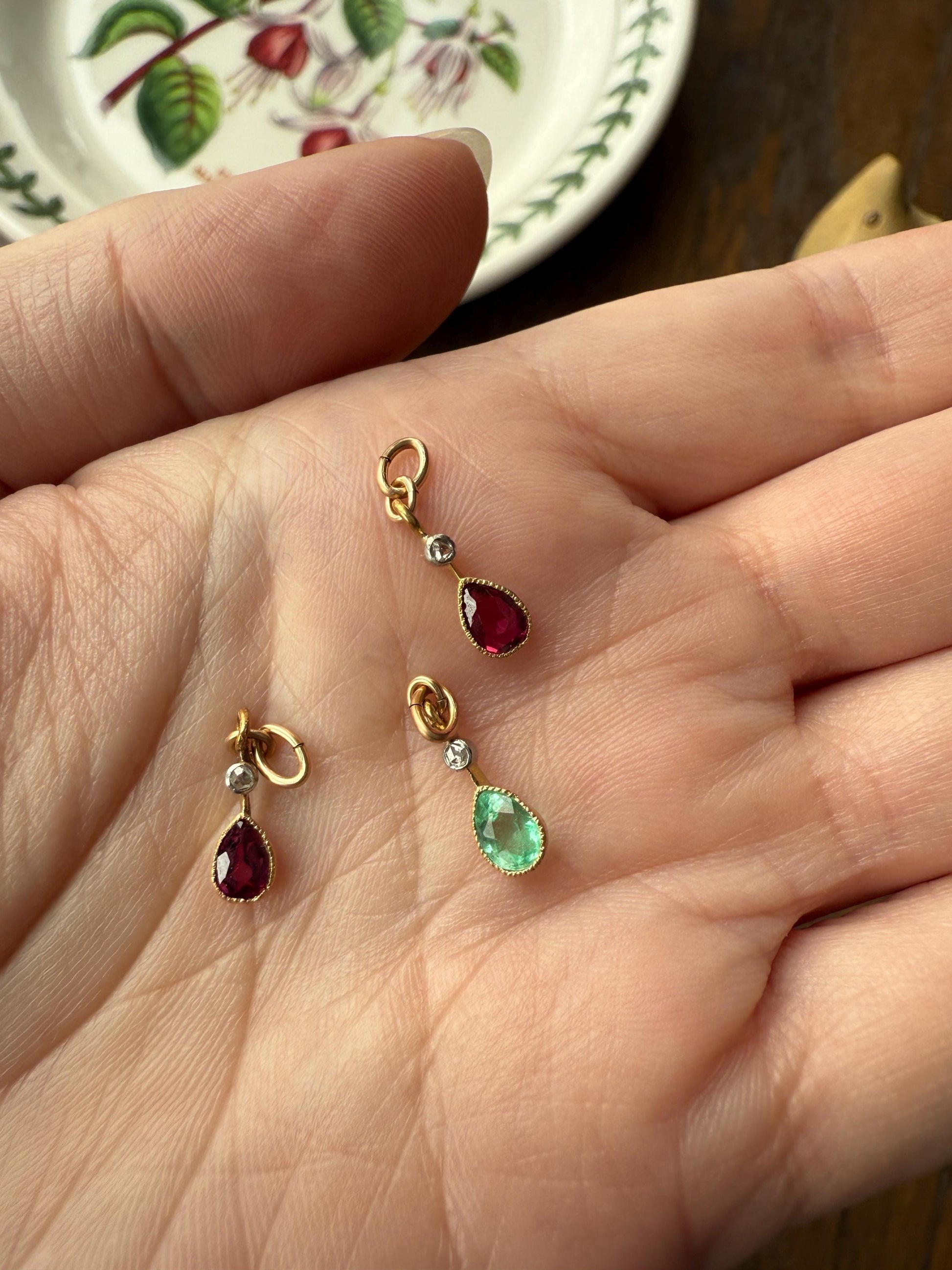 One Teardrop RUBY VICTORIAN Antique Rose Cut DIAMOND Dangle Pendant Charm 18k Gold French Belle Epoque Pear 3 Avail