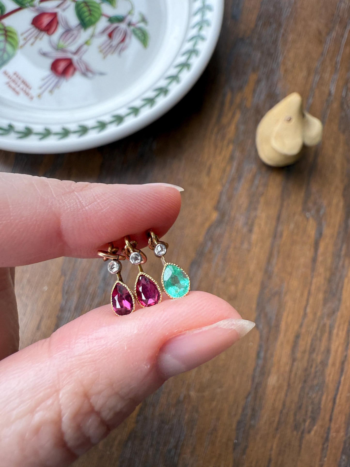 One Teardrop RUBY VICTORIAN Antique Rose Cut DIAMOND Dangle Pendant Charm 18k Gold French Belle Epoque Pear 3 Avail