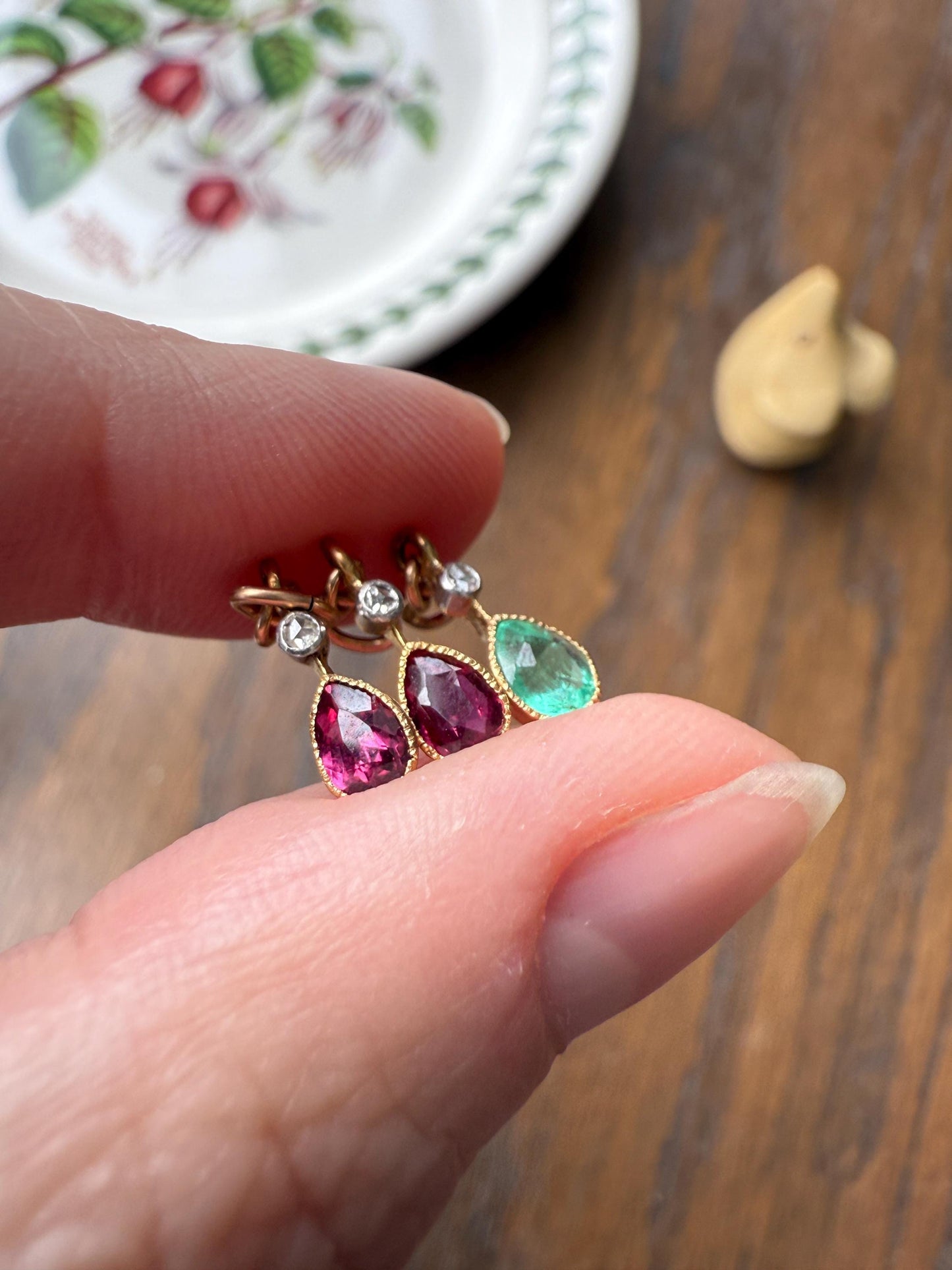 One Teardrop RUBY VICTORIAN Antique Rose Cut DIAMOND Dangle Pendant Charm 18k Gold French Belle Epoque Pear 3 Avail