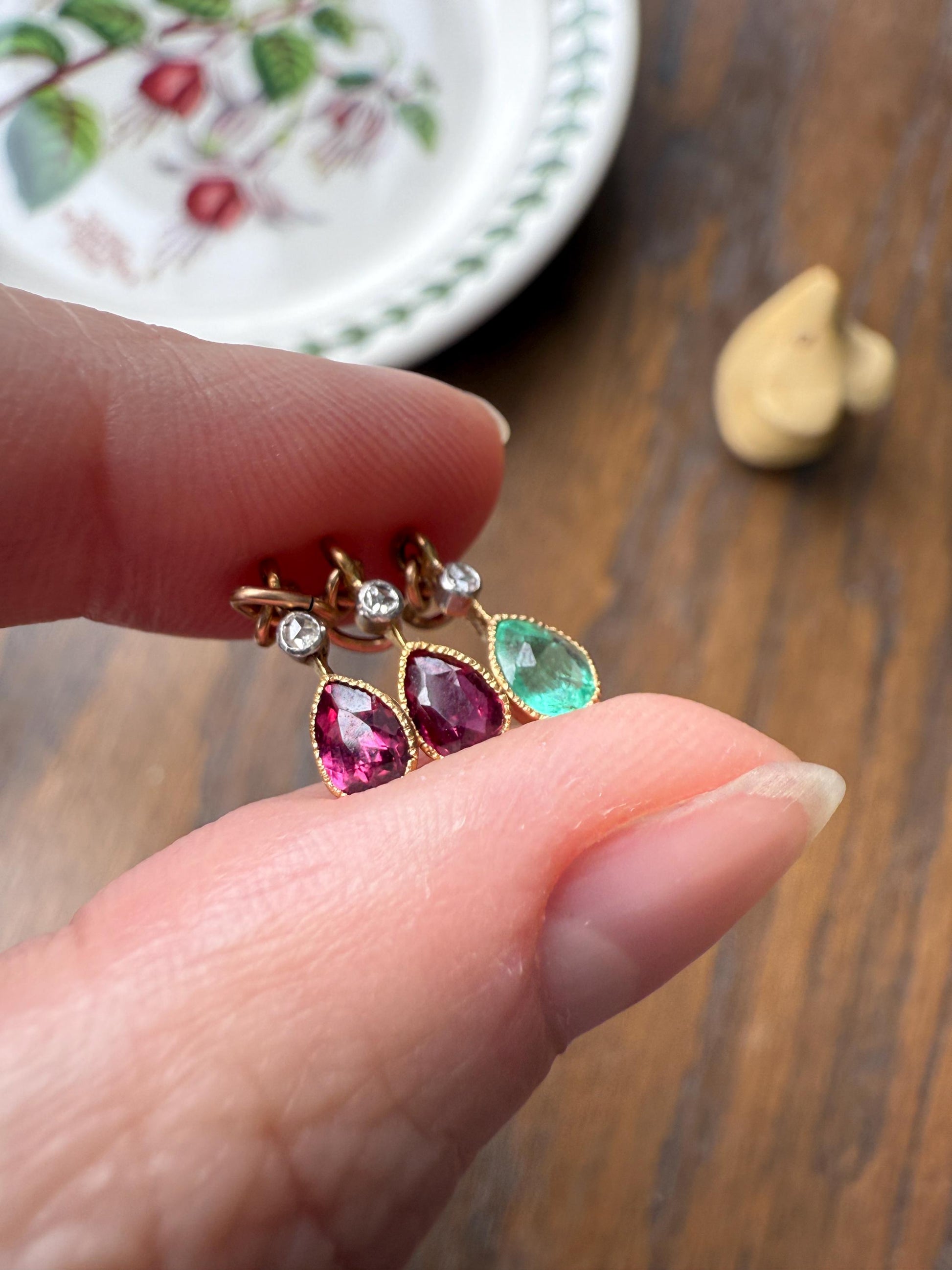 One Teardrop EMERALD VICTORIAN Antique Rose Cut DIAMOND Dangle Pendant Charm 18k Gold French Belle Epoque Pear 3 Avail