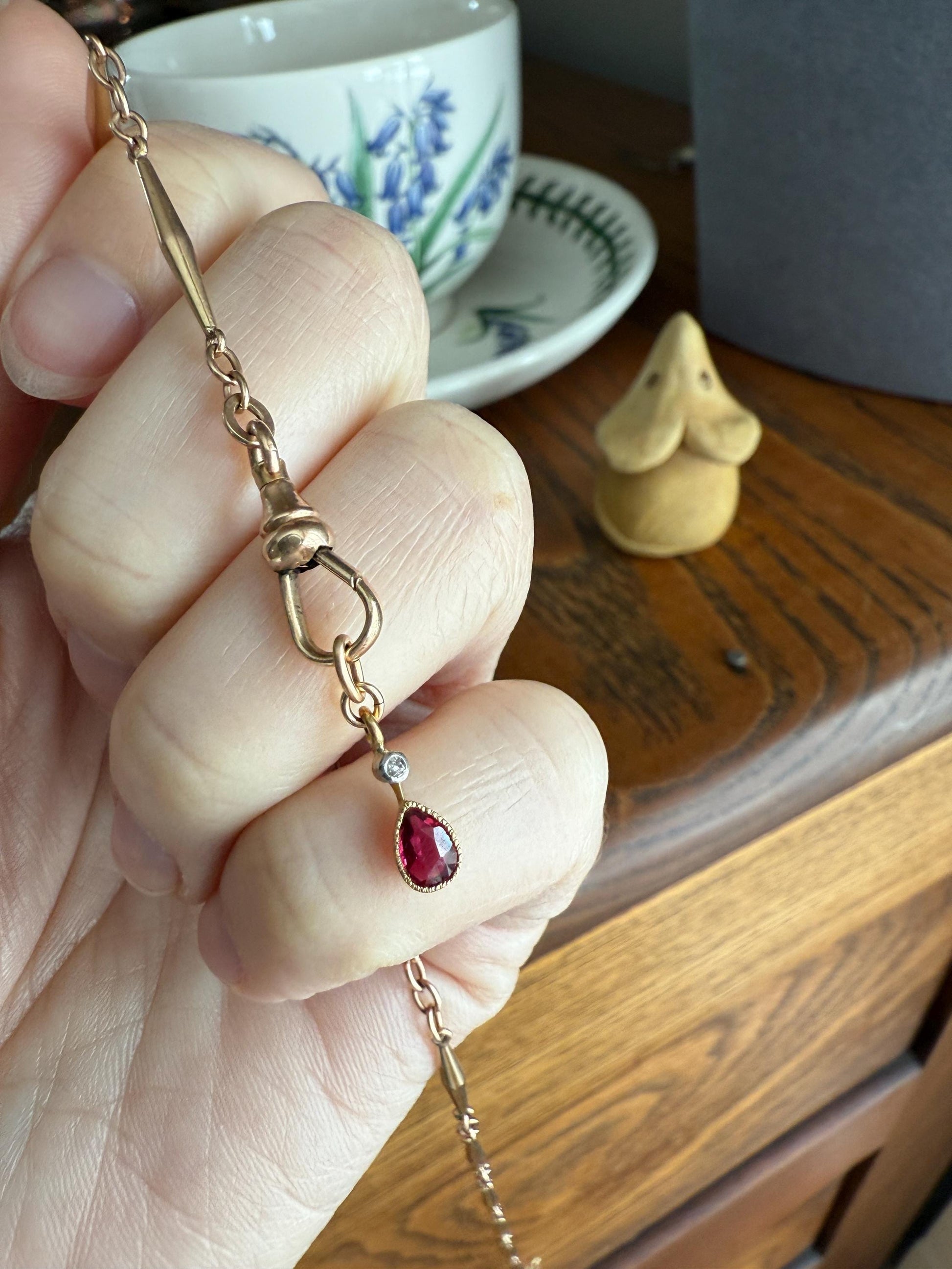One Teardrop RUBY VICTORIAN Antique Rose Cut DIAMOND Dangle Pendant Charm 18k Gold French Belle Epoque Pear 3 Avail
