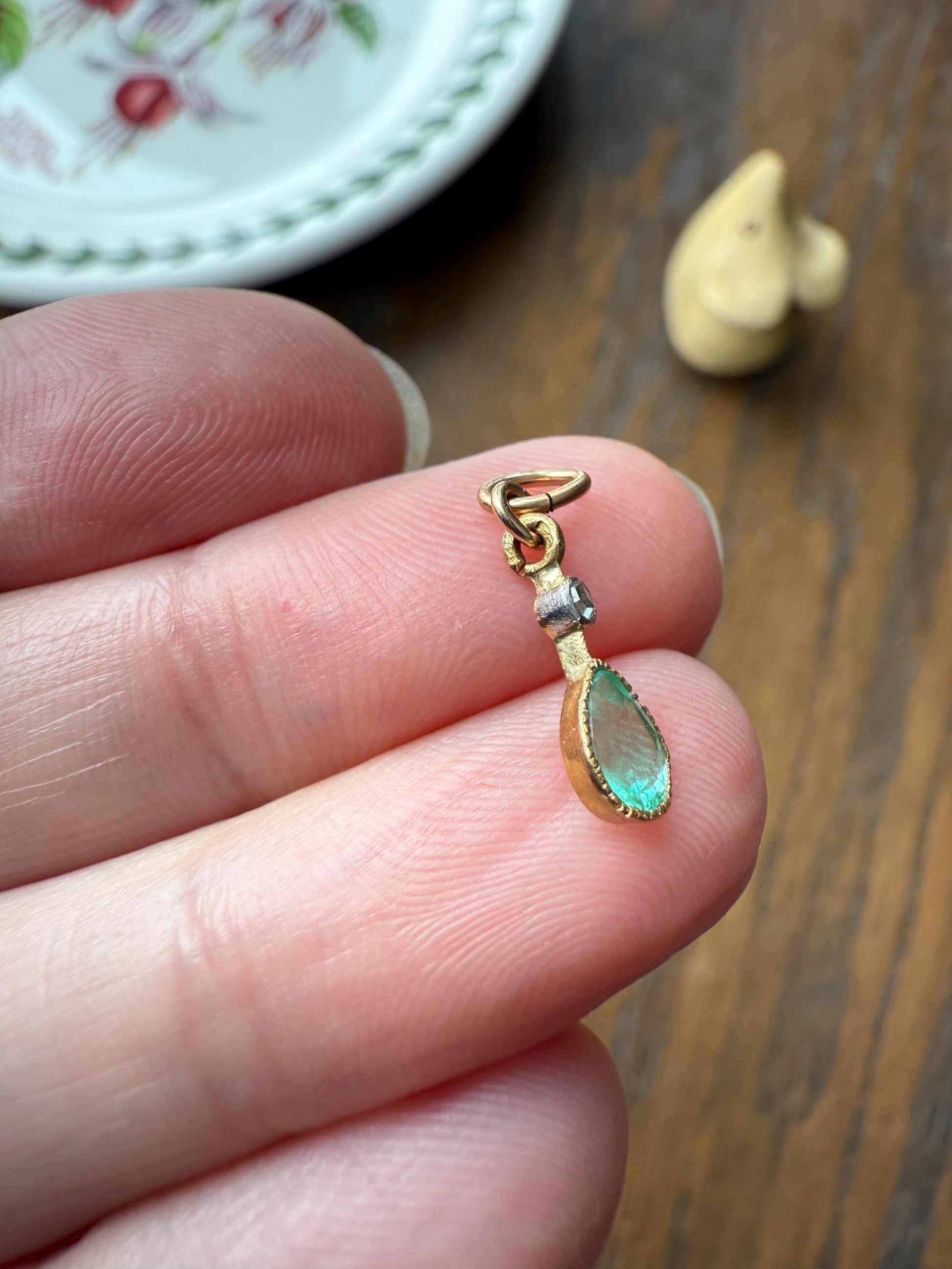 One Teardrop EMERALD VICTORIAN Antique Rose Cut DIAMOND Dangle Pendant Charm 18k Gold French Belle Epoque Pear 3 Avail