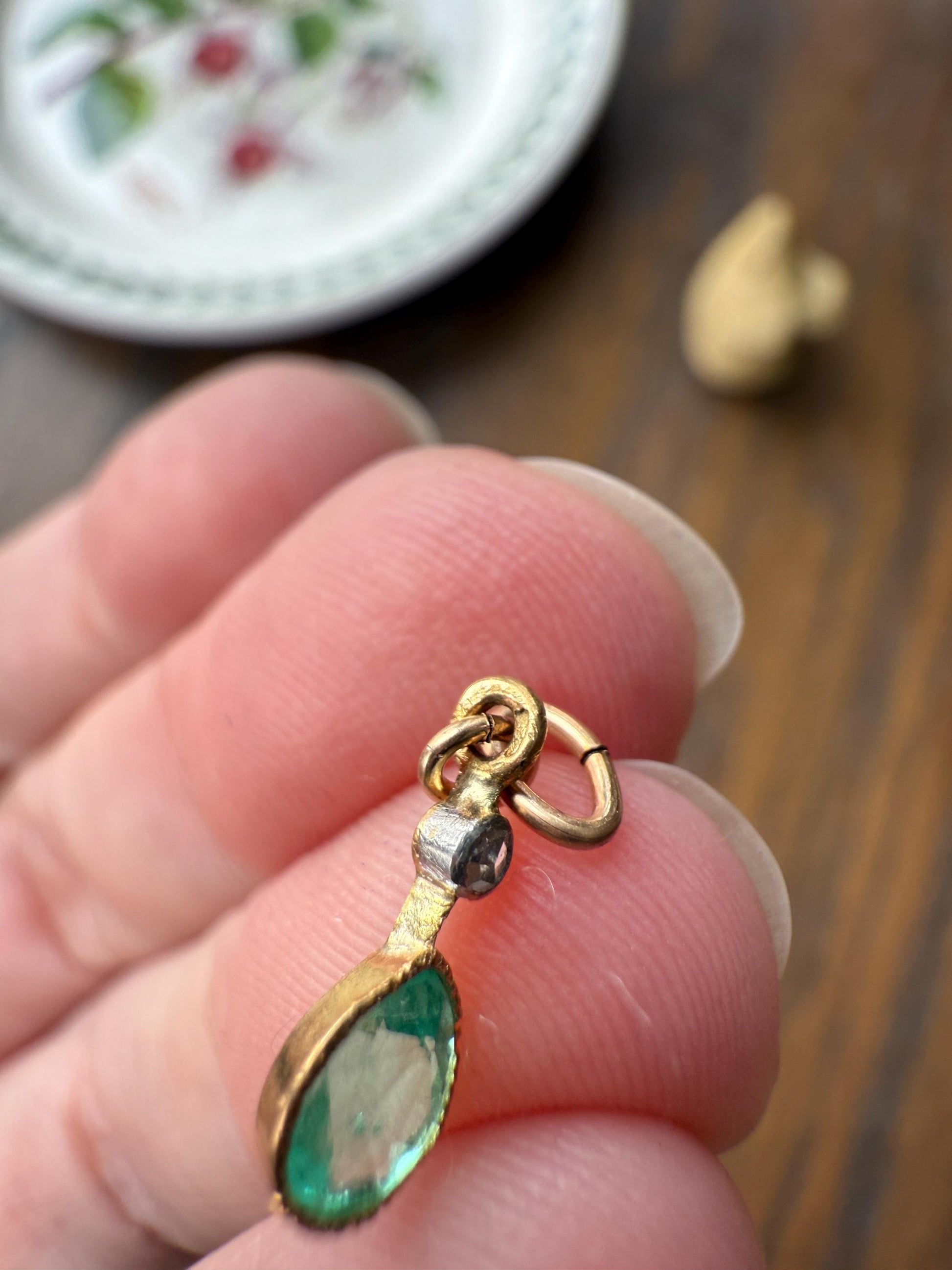 One Teardrop EMERALD VICTORIAN Antique Rose Cut DIAMOND Dangle Pendant Charm 18k Gold French Belle Epoque Pear 3 Avail