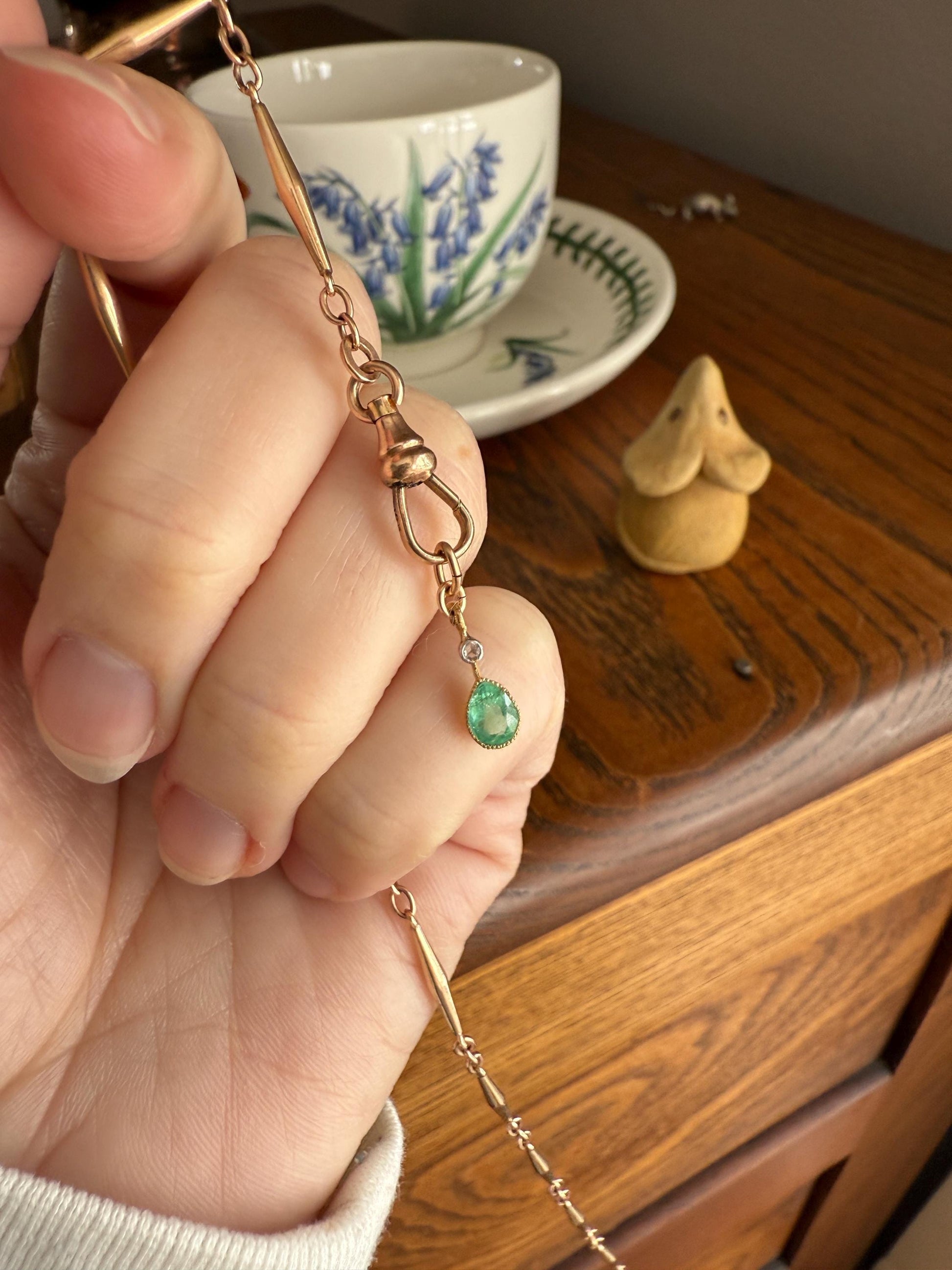 One Teardrop EMERALD VICTORIAN Antique Rose Cut DIAMOND Dangle Pendant Charm 18k Gold French Belle Epoque Pear 3 Avail