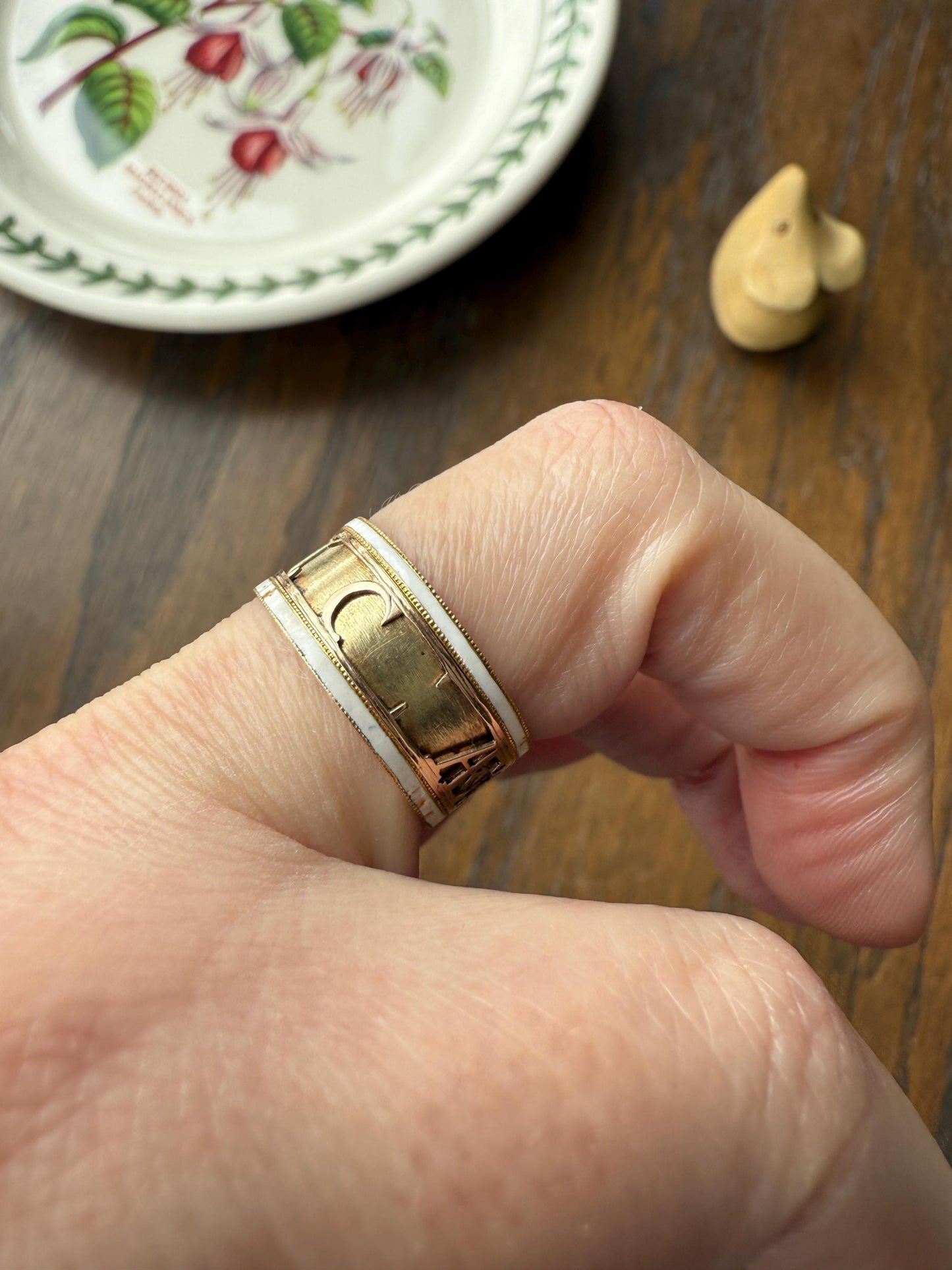 Georgian Era Dated 1789 Cigar Band Mourning Ring White Enamel 14k Gold Engraved "Died at Semlin" Military Significance