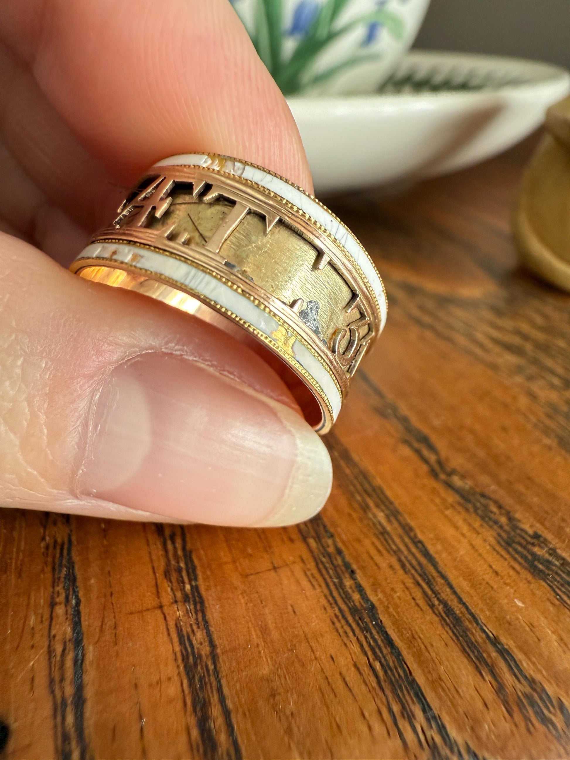 Georgian Era Dated 1789 Cigar Band Mourning Ring White Enamel 14k Gold Engraved "Died at Semlin" Military Significance