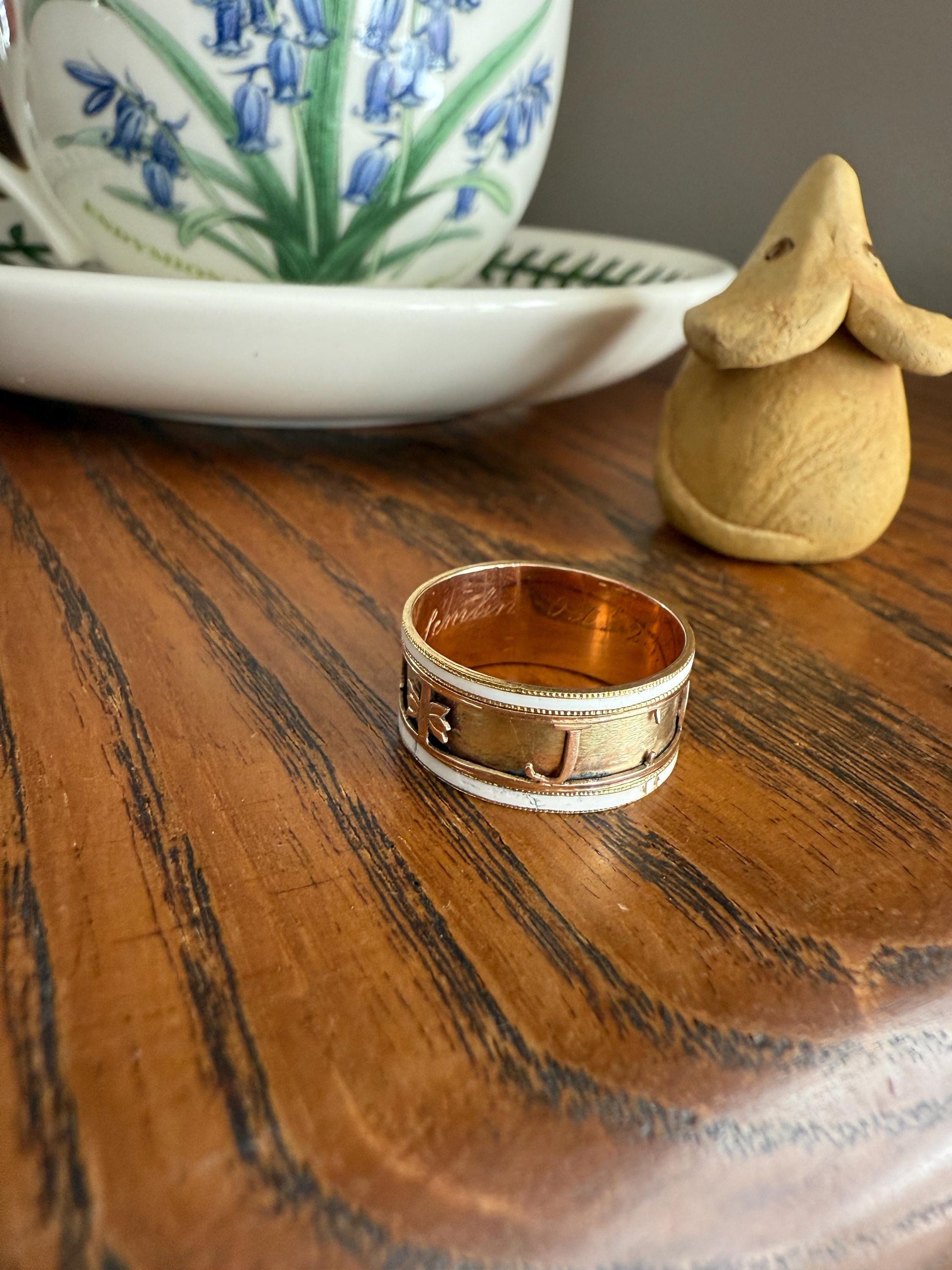 Georgian Era Dated 1789 Cigar Band Mourning Ring White Enamel 14k Gold Engraved "Died at Semlin" Military Significance