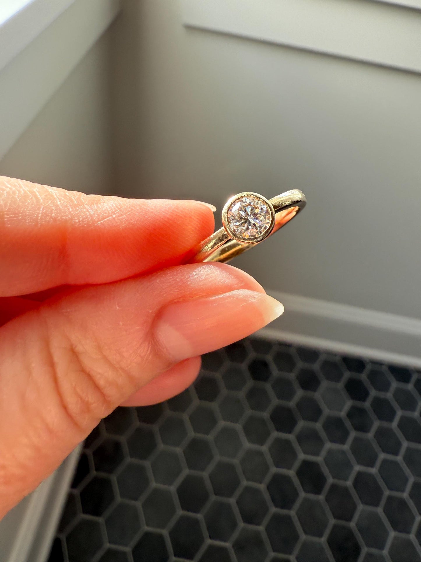 Vintage DIAMOND Bezel Set Ring Stacker Band 14k Gold Solid Geometric Engagement Gift Unisex