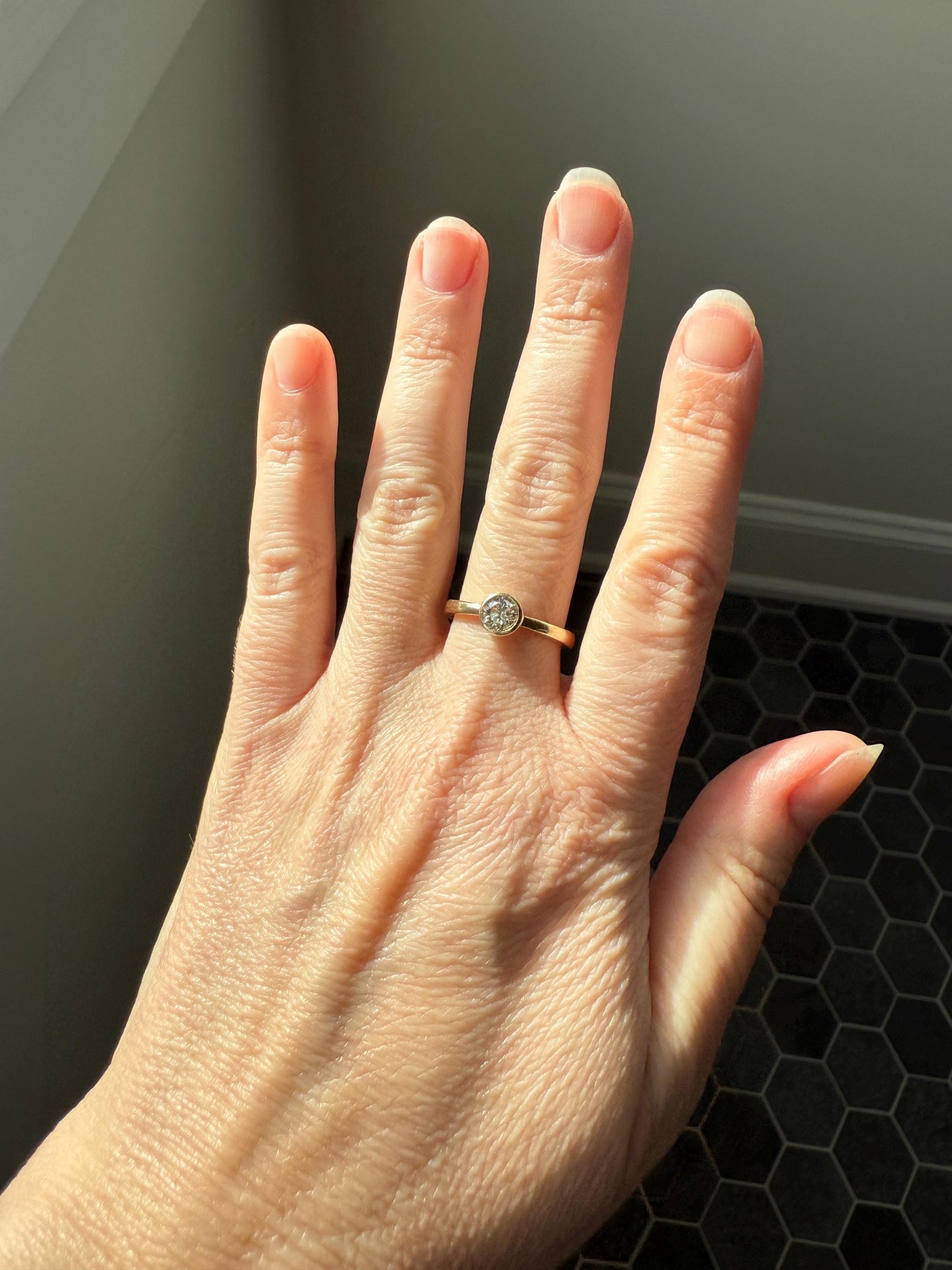 Vintage DIAMOND Bezel Set Ring Stacker Band 14k Gold Solid Geometric Engagement Gift Unisex