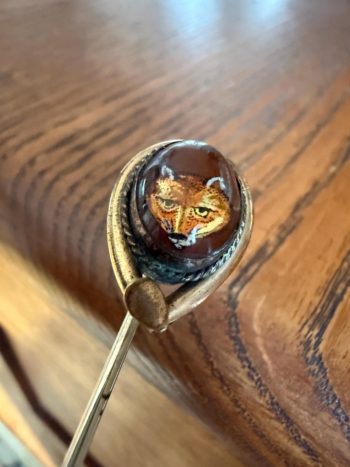 FOX Antique Hand Painted Gold Fill Stick Pin Essex Crystal Brooch Figural Animal Jewelry