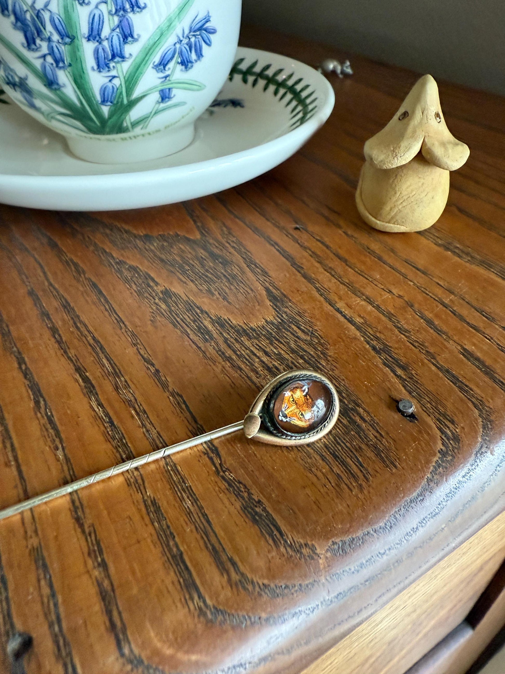 FOX Antique Hand Painted Gold Fill Stick Pin Essex Crystal Brooch Figural Animal Jewelry