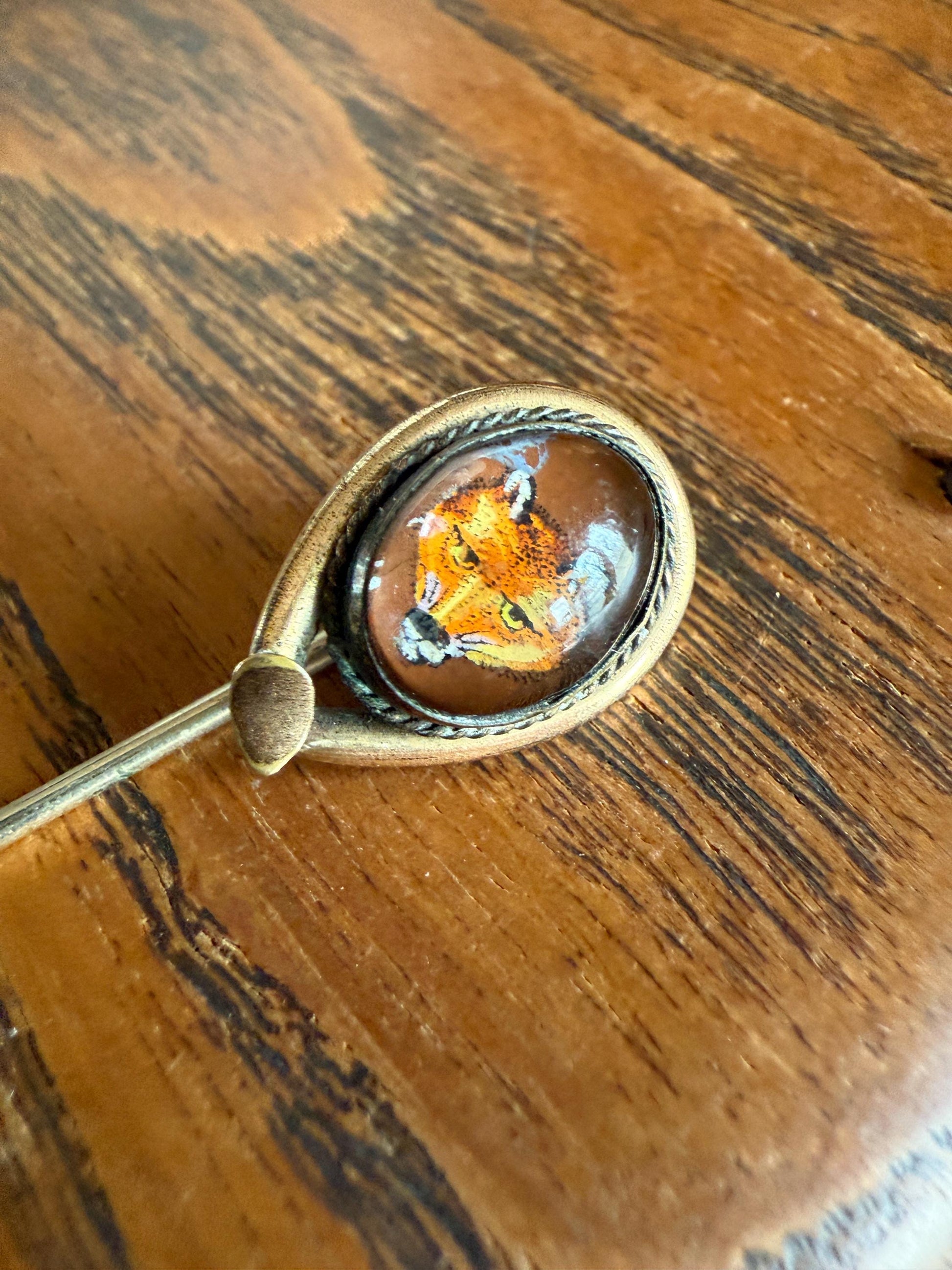 FOX Antique Hand Painted Gold Fill Stick Pin Essex Crystal Brooch Figural Animal Jewelry