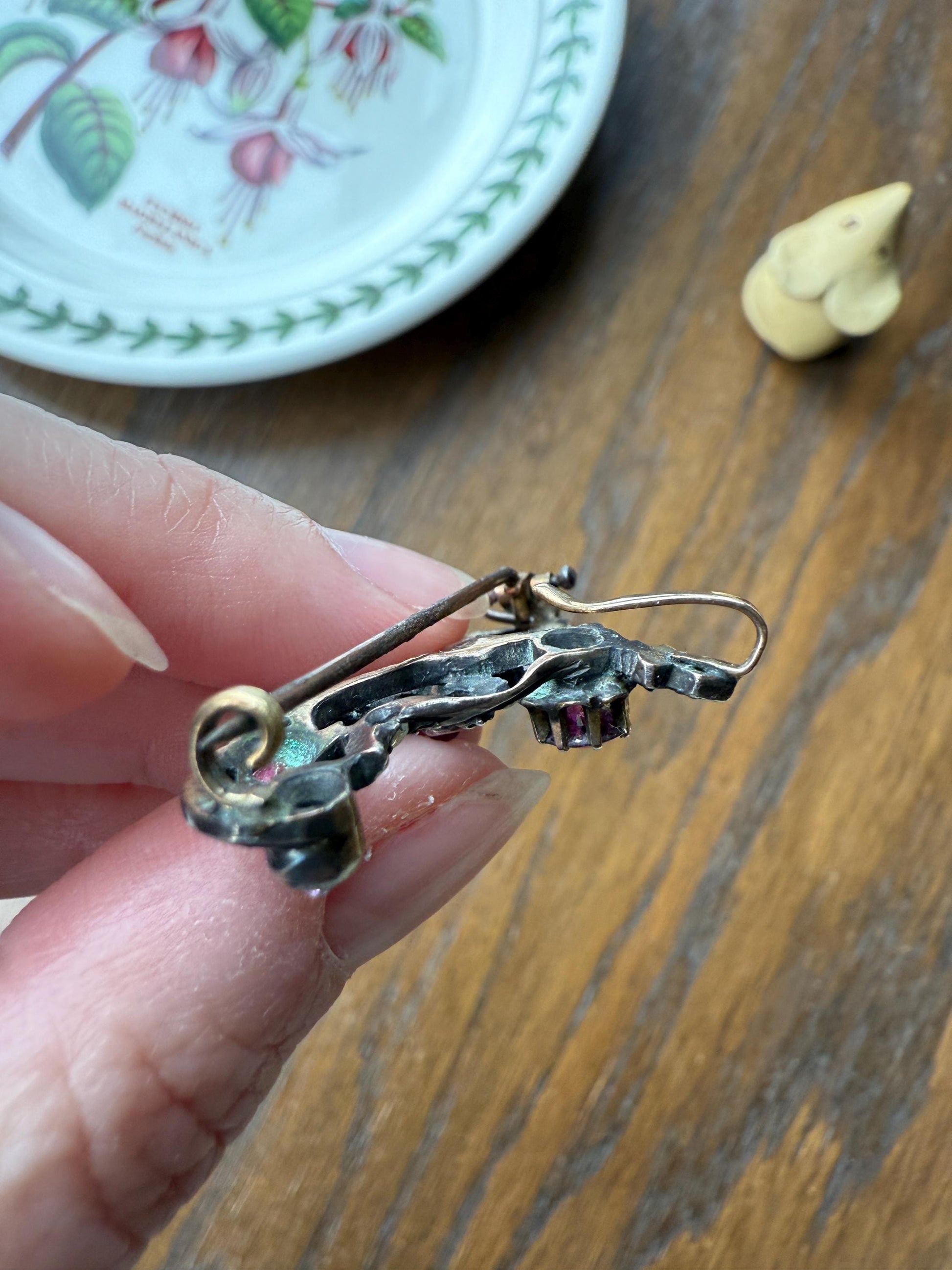 Ornate Antique Floral Ruby Garnet Rose Cut Diamond Brooch Pendant Holder Hook Extender Connector Solid Silver 18k Gold French Victorian