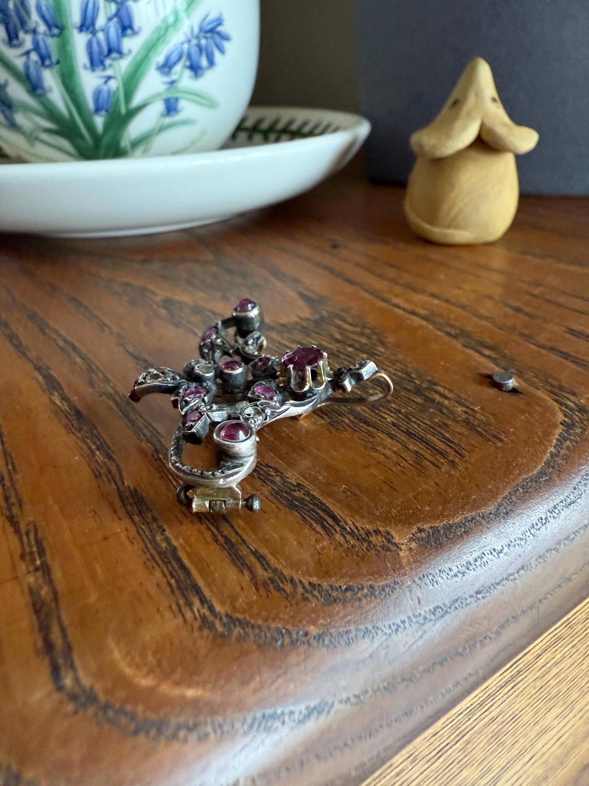 Ornate Antique Floral Ruby Garnet Rose Cut Diamond Brooch Pendant Holder Hook Extender Connector Solid Silver 18k Gold French Victorian