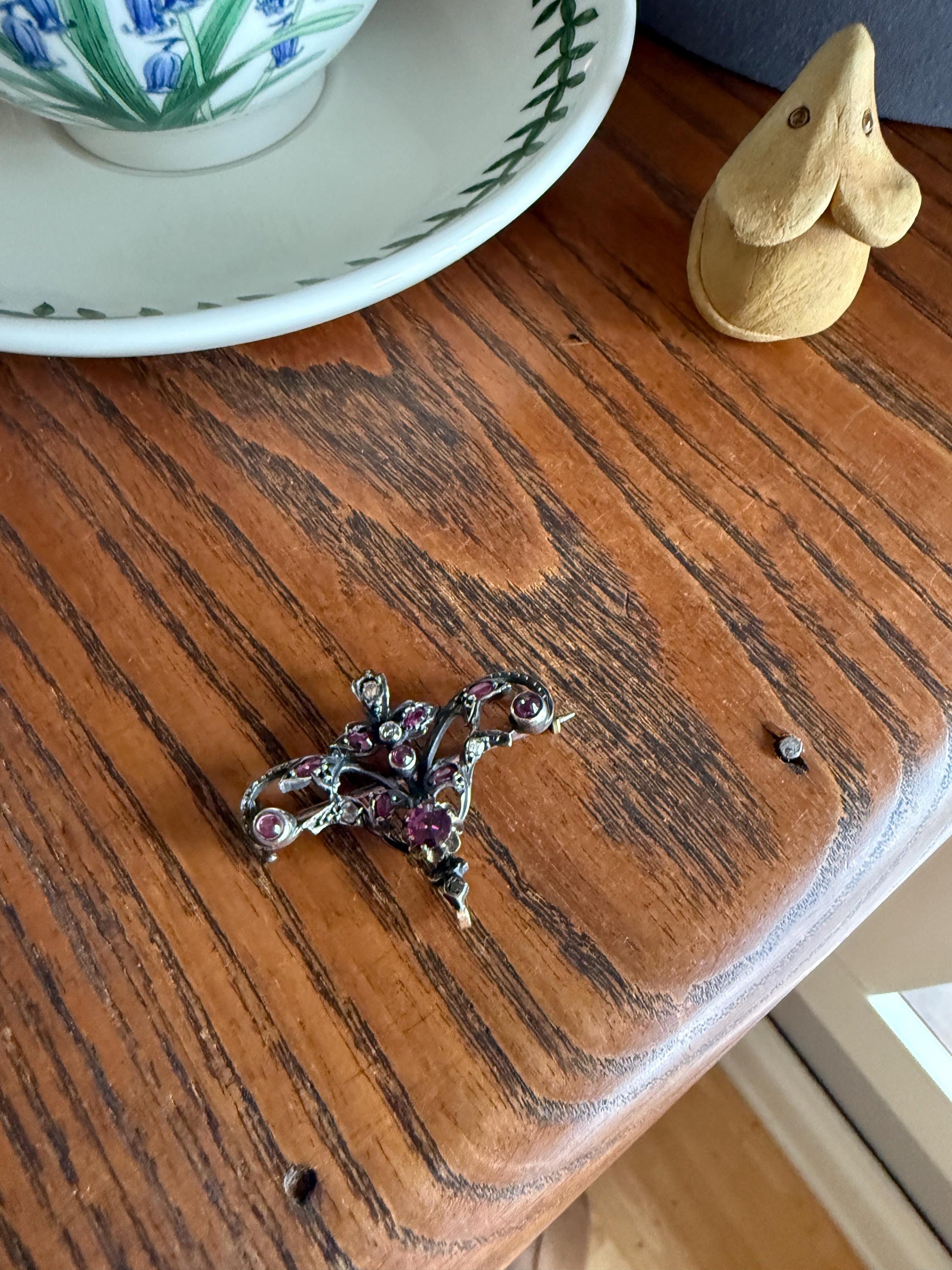 Ornate Antique Floral Ruby Garnet Rose Cut Diamond Brooch Pendant Holder Hook Extender Connector Solid Silver 18k Gold French Victorian