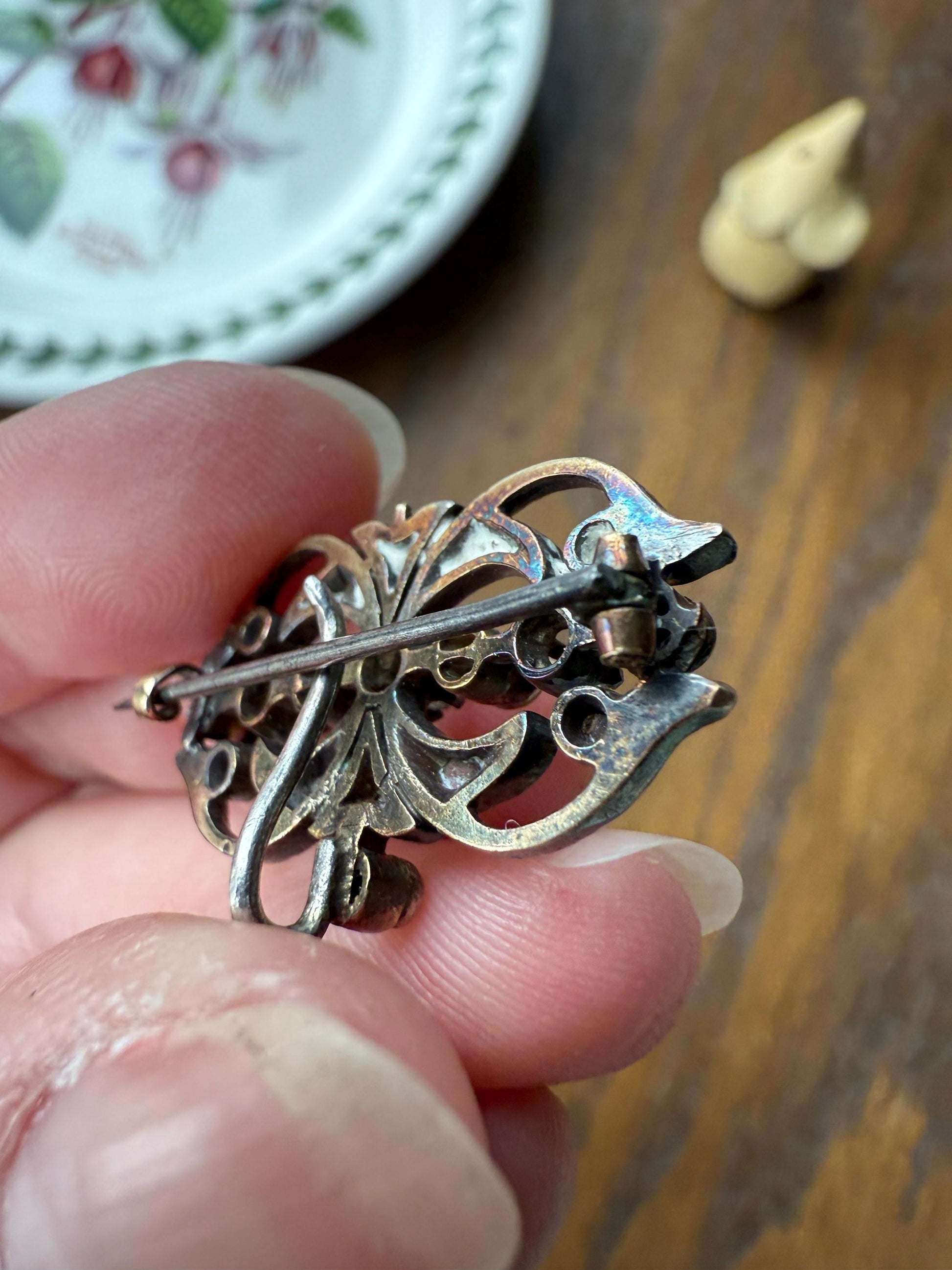 Ornate Antique Scrolled Rivet Rose Cut Diamond Brooch Pendant Holder Hook Extender Connector Solid Silver 18k Gold French Victorian