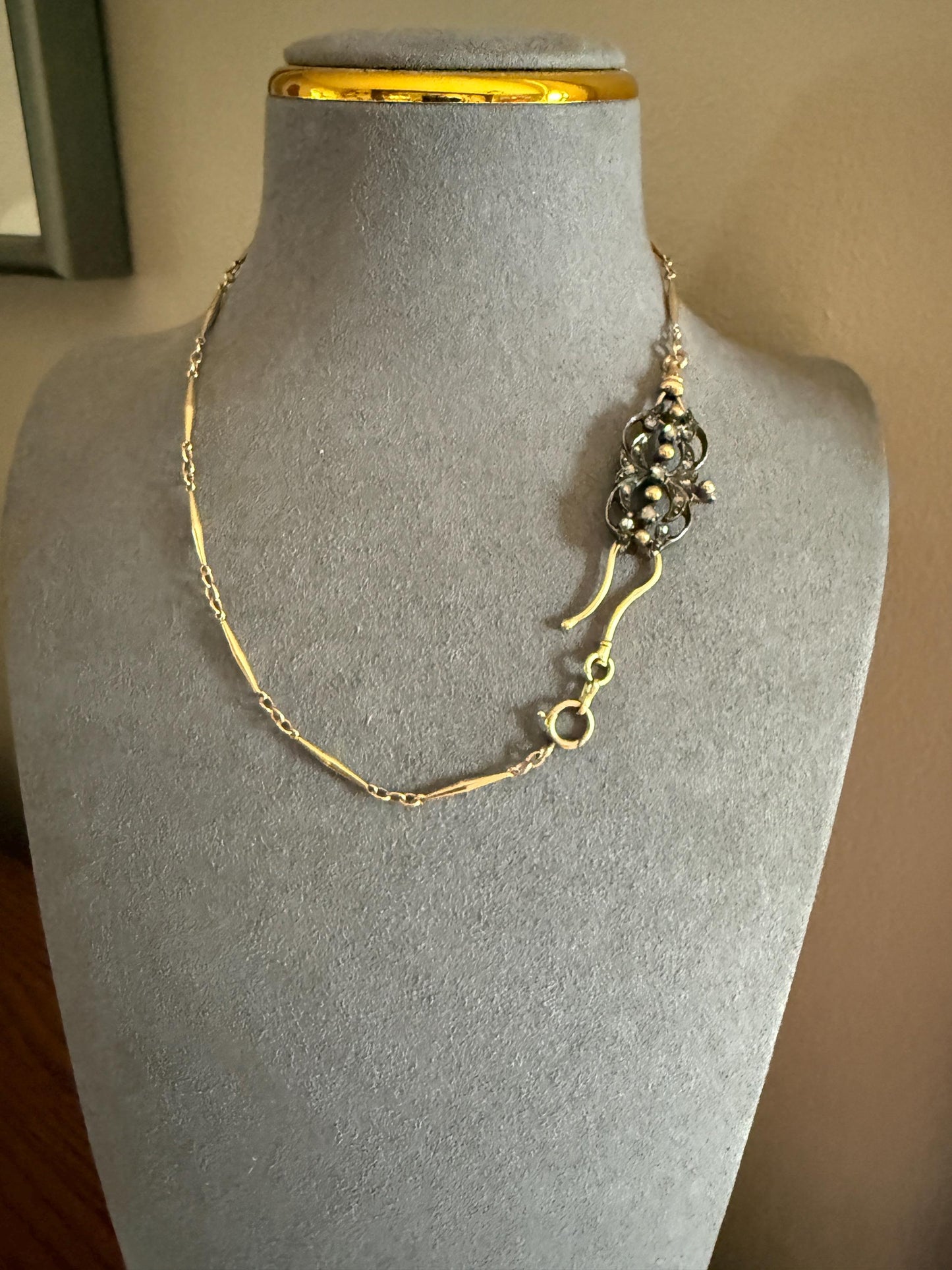 Ornate Antique Scrolled Rivet Rose Cut Diamond Brooch Pendant Holder Hook Extender Connector Solid Silver 18k Gold French Victorian