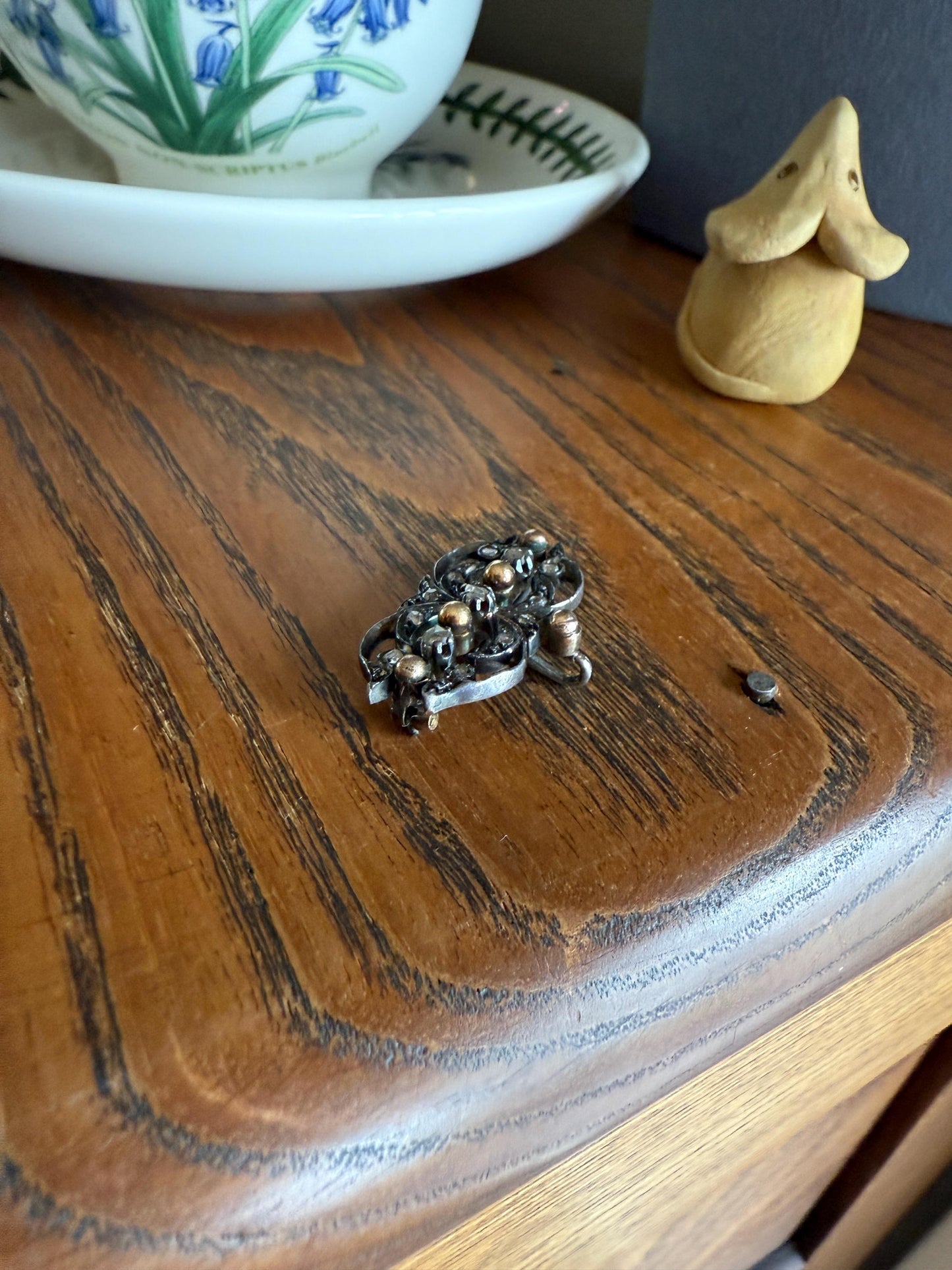 Ornate Antique Scrolled Rivet Rose Cut Diamond Brooch Pendant Holder Hook Extender Connector Solid Silver 18k Gold French Victorian