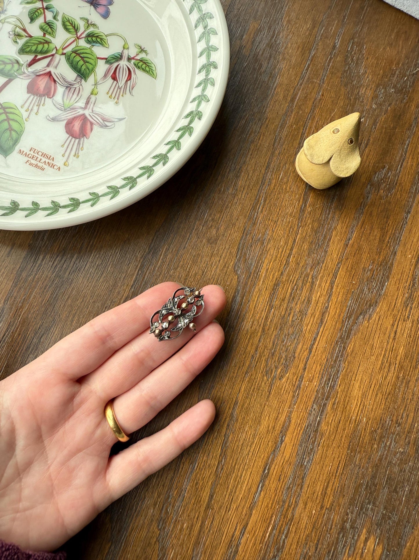 Ornate Antique Scrolled Rivet Rose Cut Diamond Brooch Pendant Holder Hook Extender Connector Solid Silver 18k Gold French Victorian