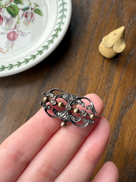 Ornate Antique Scrolled Rivet Rose Cut Diamond Brooch Pendant Holder Hook Extender Connector Solid Silver 18k Gold French Victorian