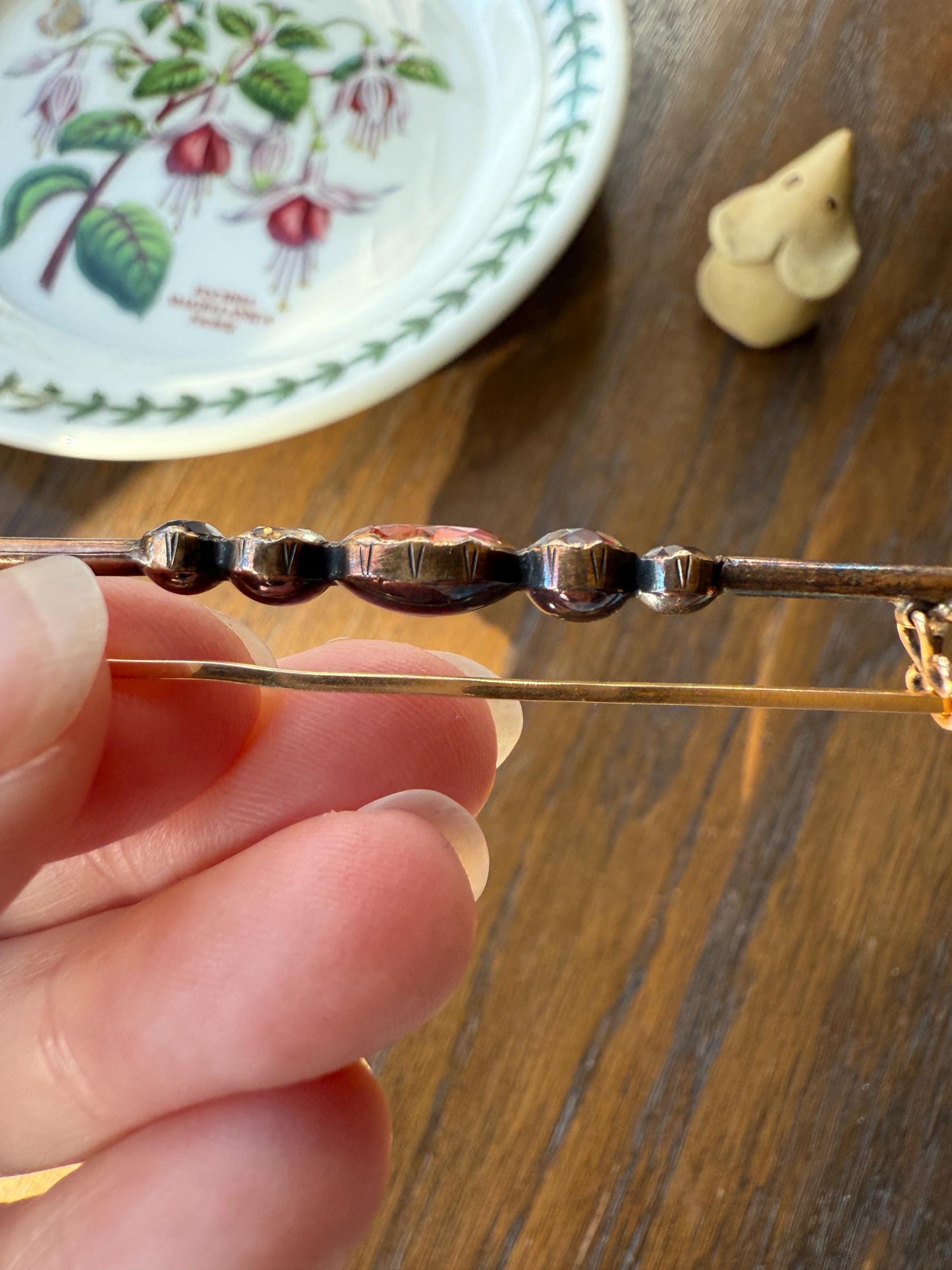 Antique Vinegar and Oil Foiled Citrine Five Stone Bar Line Brooch for Pendant Conversion Extender French Victorian 18k Gold Oval Geometric