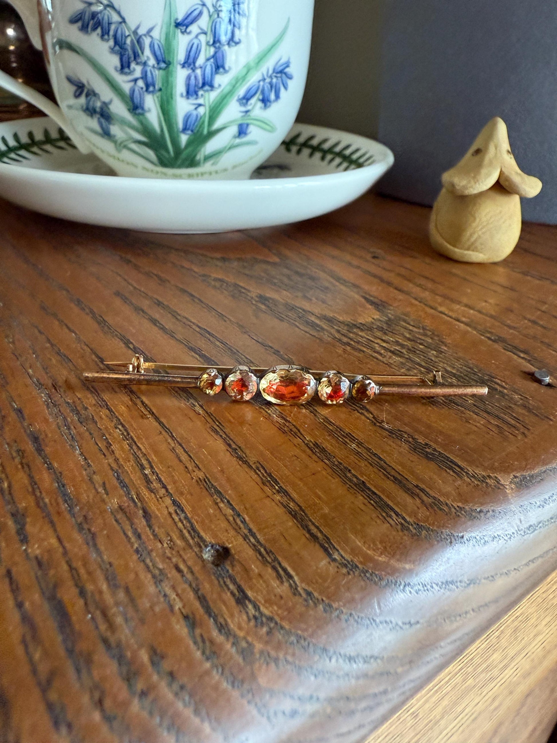 Antique Vinegar and Oil Foiled Citrine Five Stone Bar Line Brooch for Pendant Conversion Extender French Victorian 18k Gold Oval Geometric
