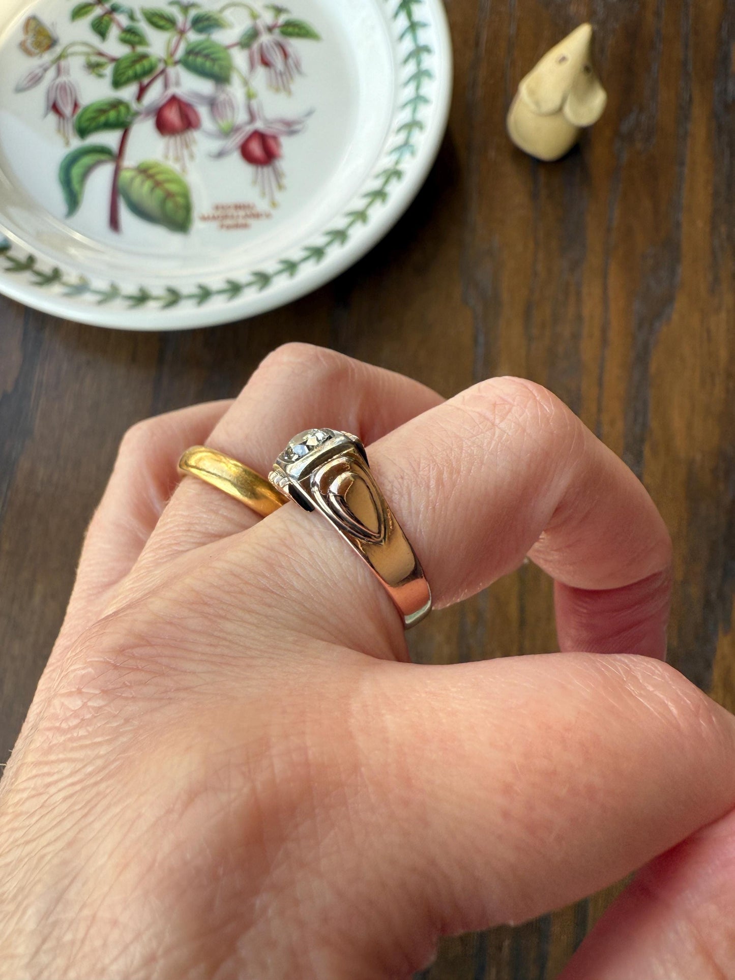 Floral .5 Carat Old Mine Cut Diamond 18k Gold Rosy Antique Solitaire Ring Square Bezel Unique Chunky Engagement Wedding