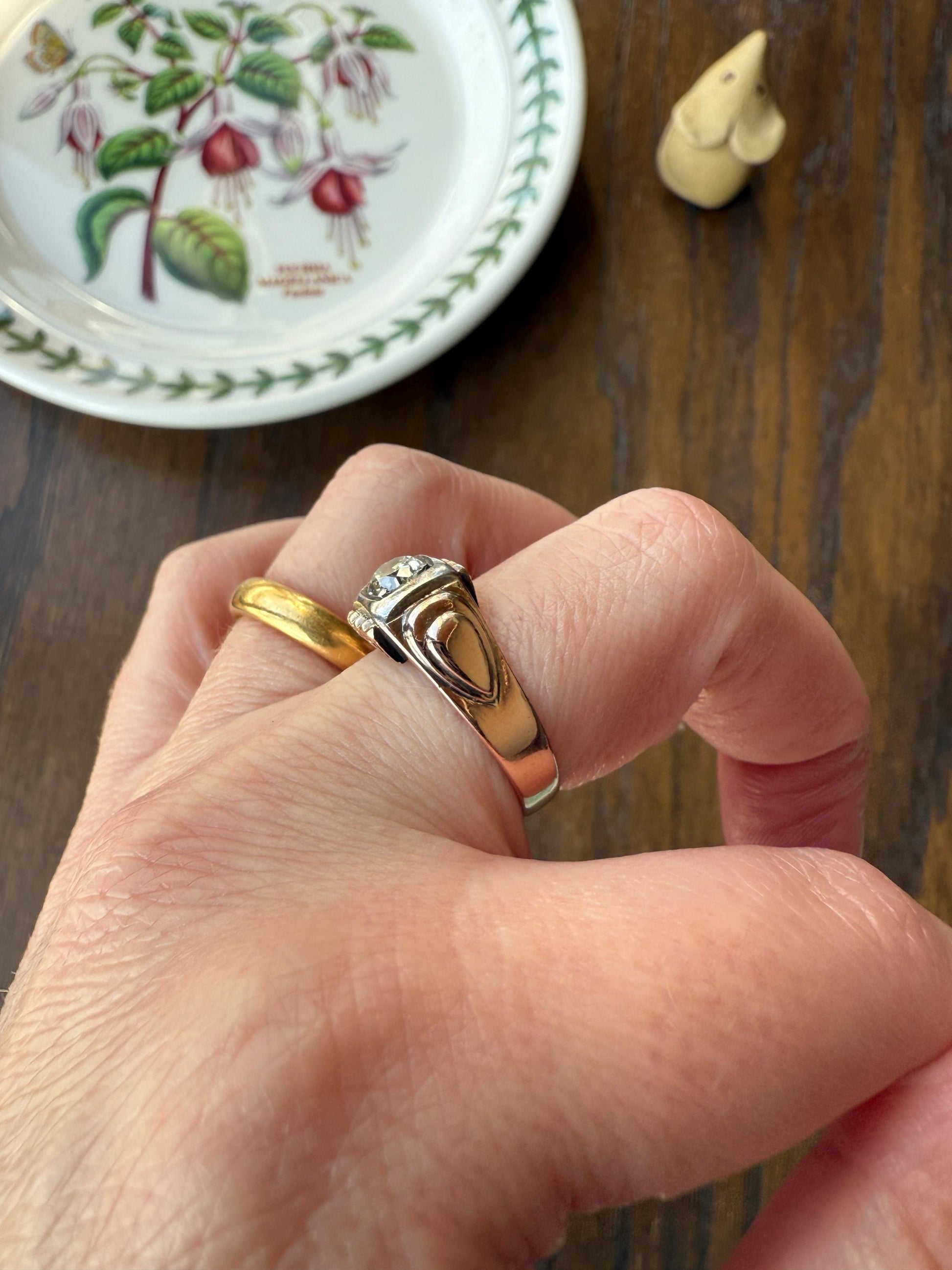 Floral .5 Carat Old Mine Cut Diamond 18k Gold Rosy Antique Solitaire Ring Square Bezel Unique Chunky Engagement Wedding