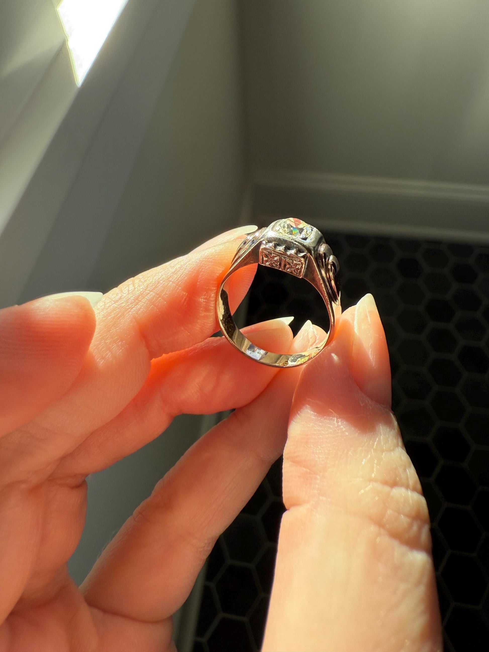 Floral .5 Carat Old Mine Cut Diamond 18k Gold Rosy Antique Solitaire Ring Square Bezel Unique Chunky Engagement Wedding