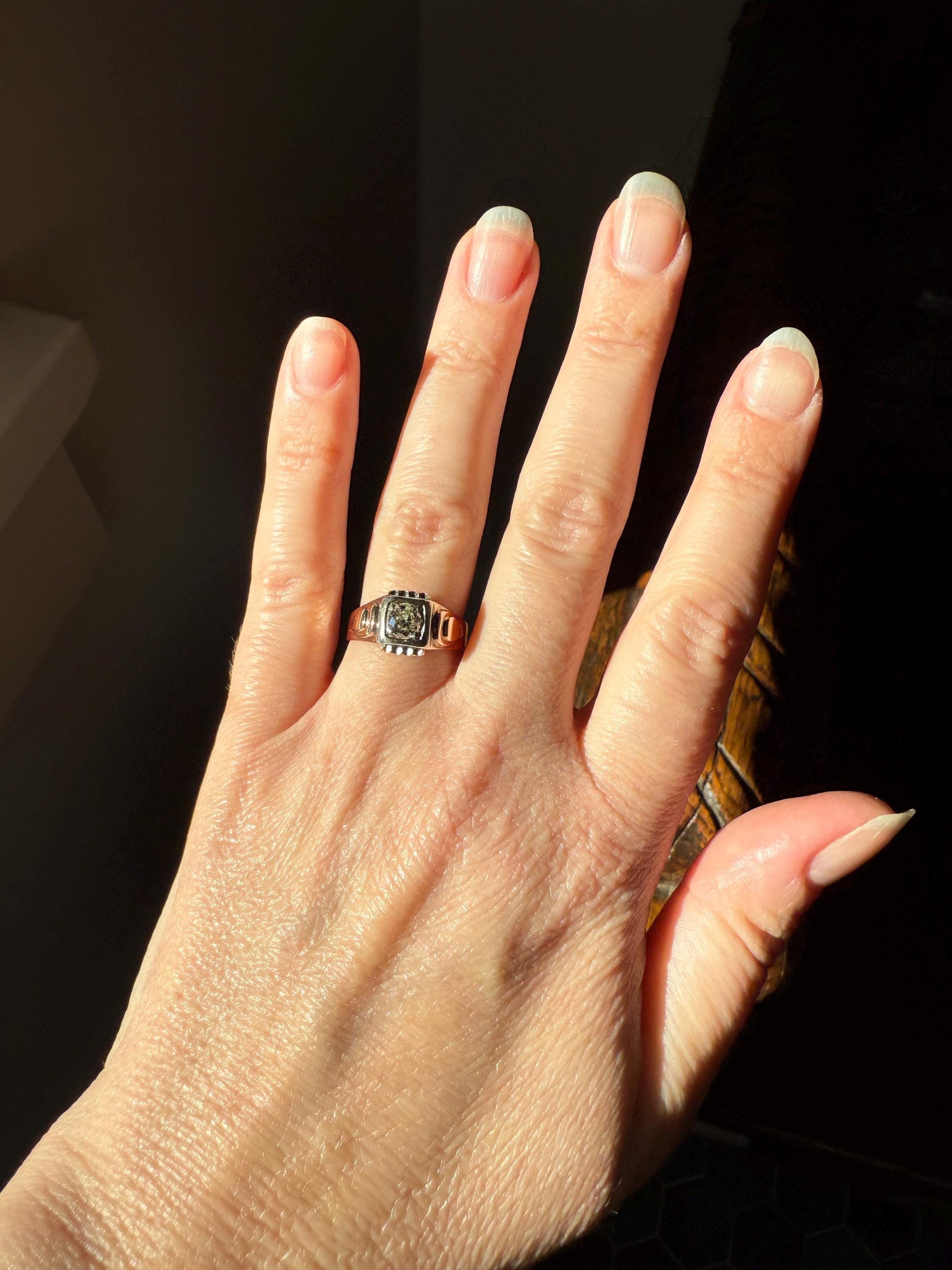 Floral .5 Carat Old Mine Cut Diamond 18k Gold Rosy Antique Solitaire Ring Square Bezel Unique Chunky Engagement Wedding