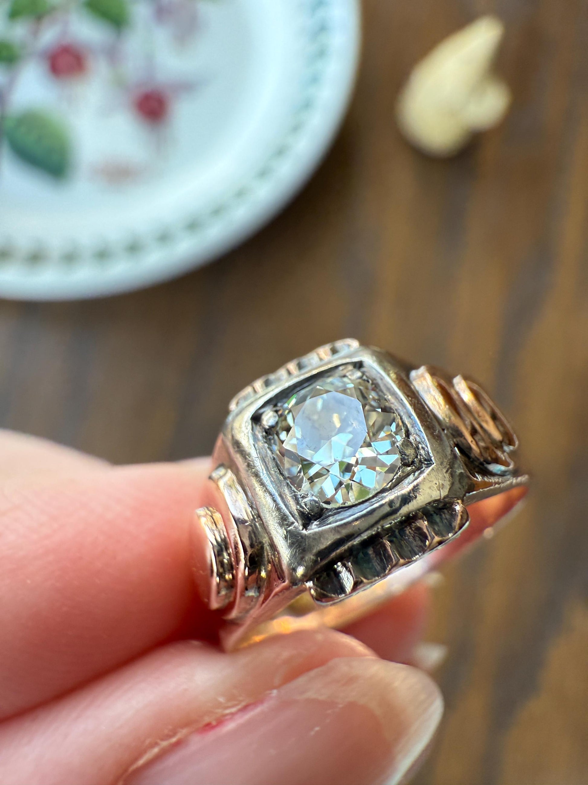 Floral .5 Carat Old Mine Cut Diamond 18k Gold Rosy Antique Solitaire Ring Square Bezel Unique Chunky Engagement Wedding